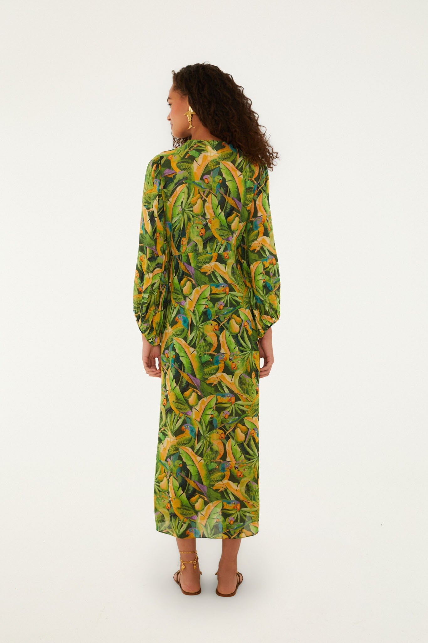 FARM Rio model wearing the Forest Green Parrots Long Sleeve Dress