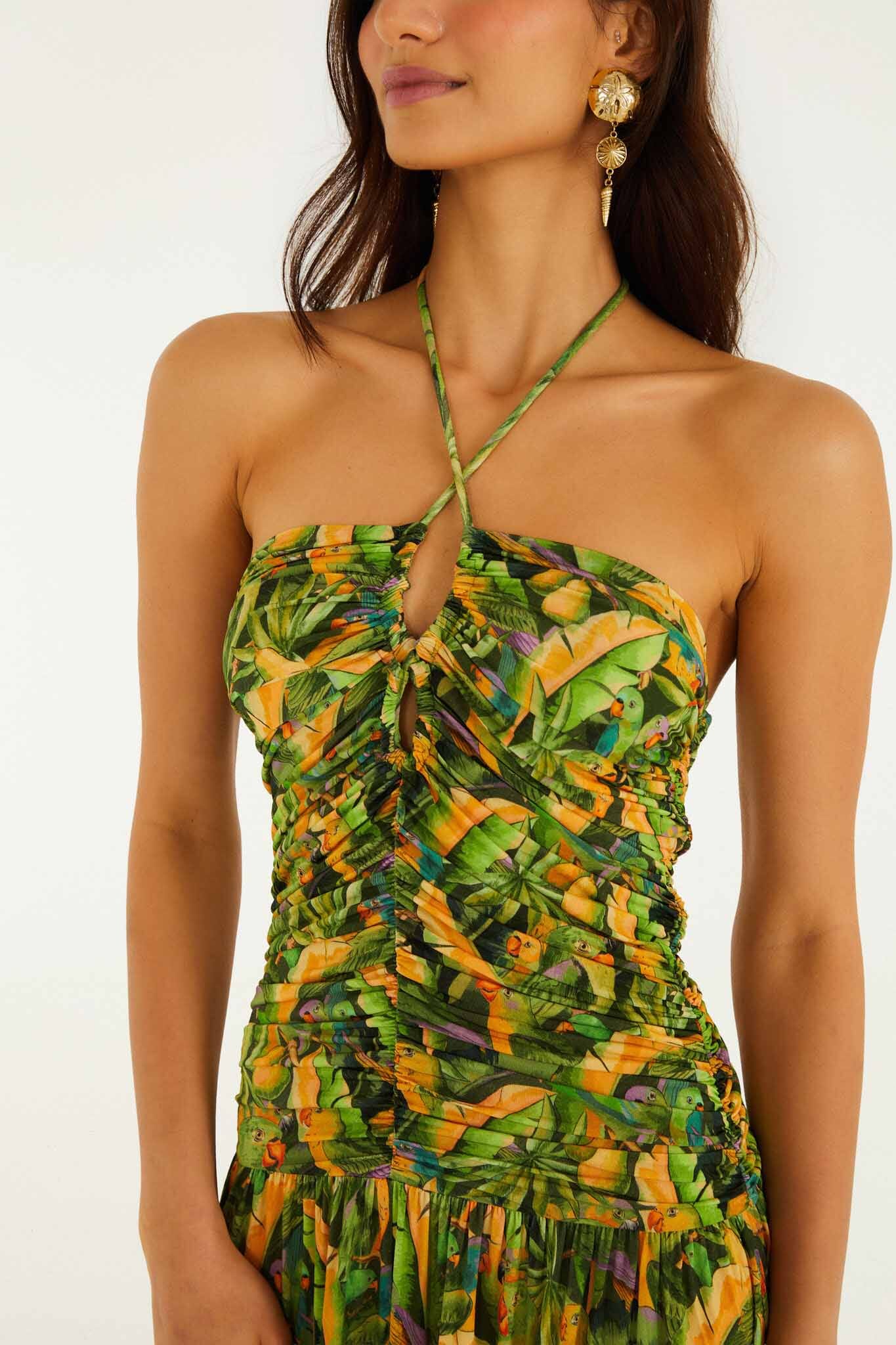FARM Rio model wearing the Forest Green Parrots Maxi Dress