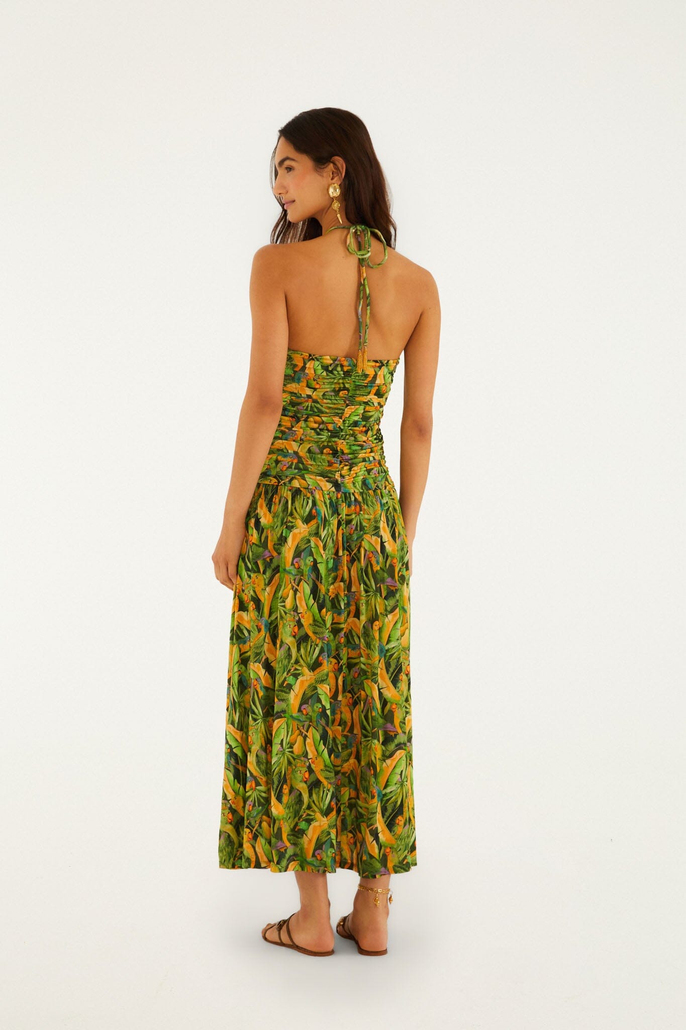 FARM Rio model wearing the Forest Green Parrots Maxi Dress
