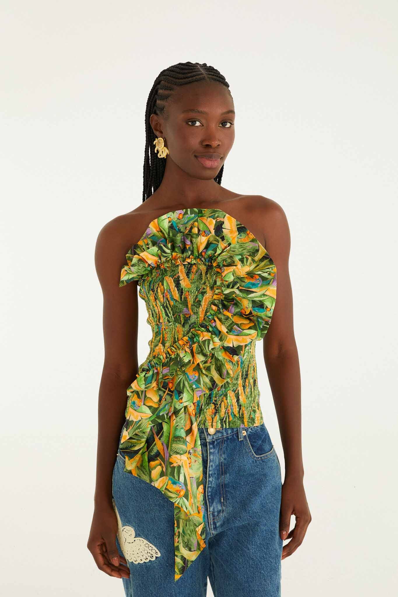 FARM Rio model wearing the Forest Green Parrots Smocked Strapless Top