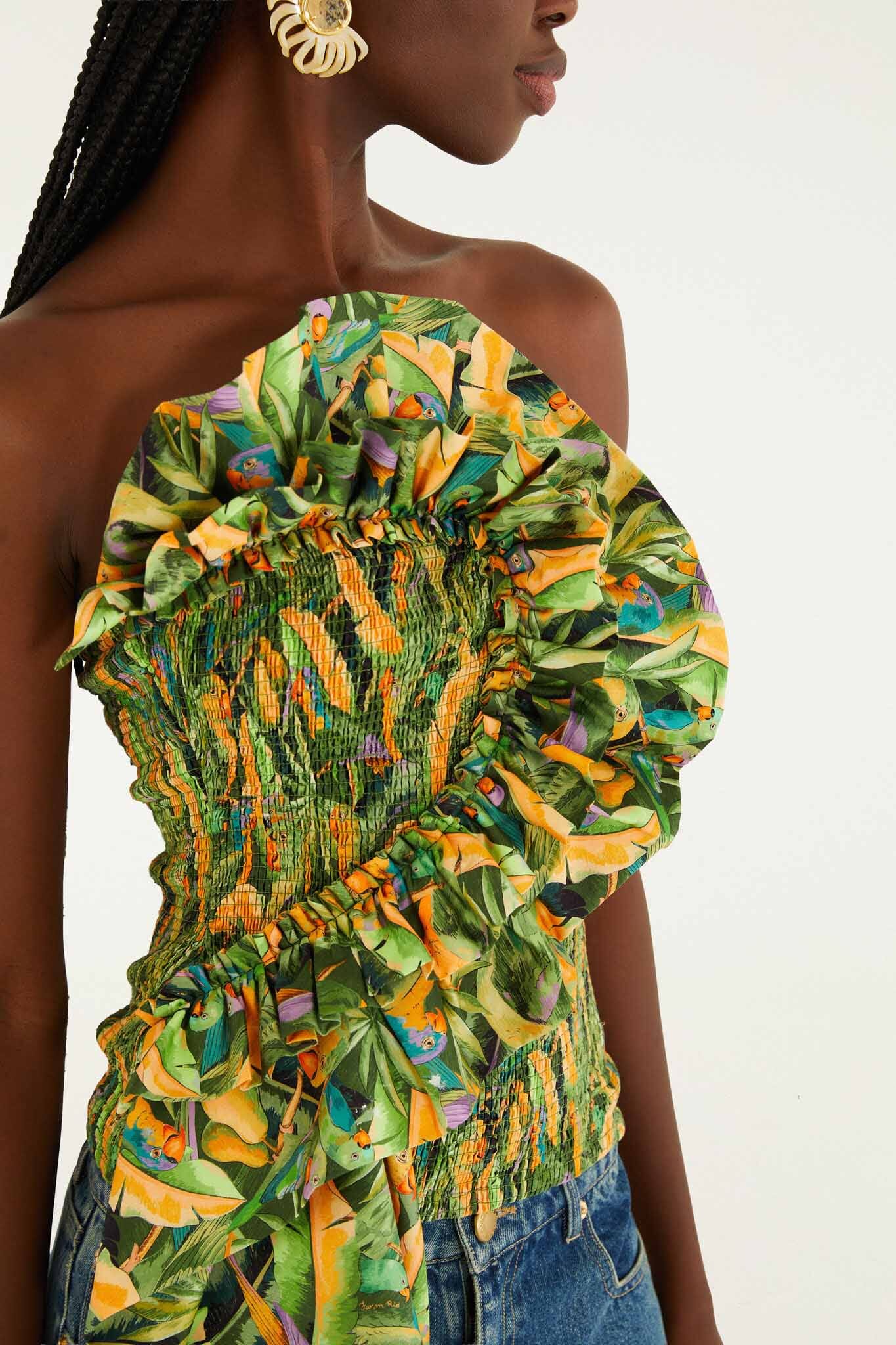 FARM Rio model wearing the Forest Green Parrots Smocked Strapless Top