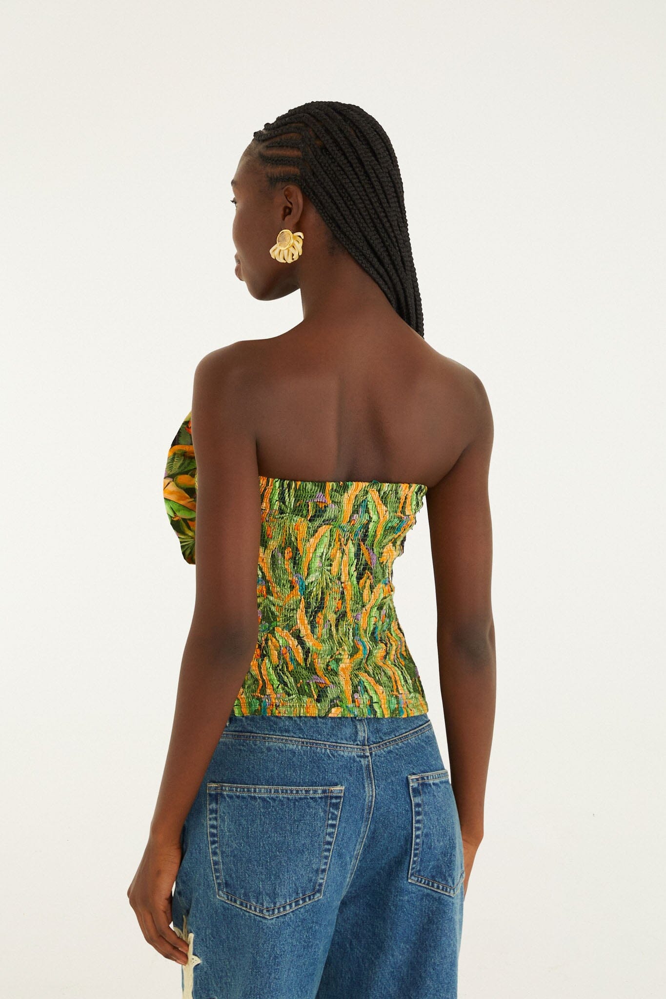 FARM Rio model wearing the Forest Green Parrots Smocked Strapless Top