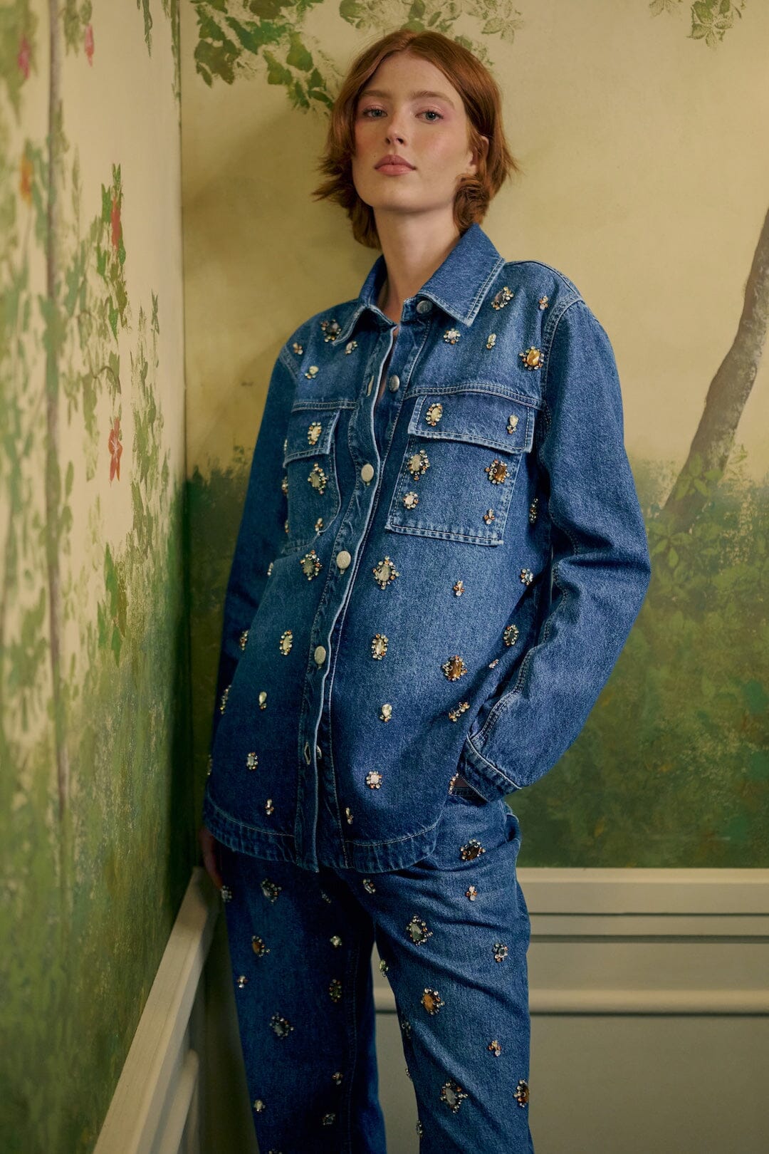 FARM Rio model wearing the Golden Gems Denim Shirt