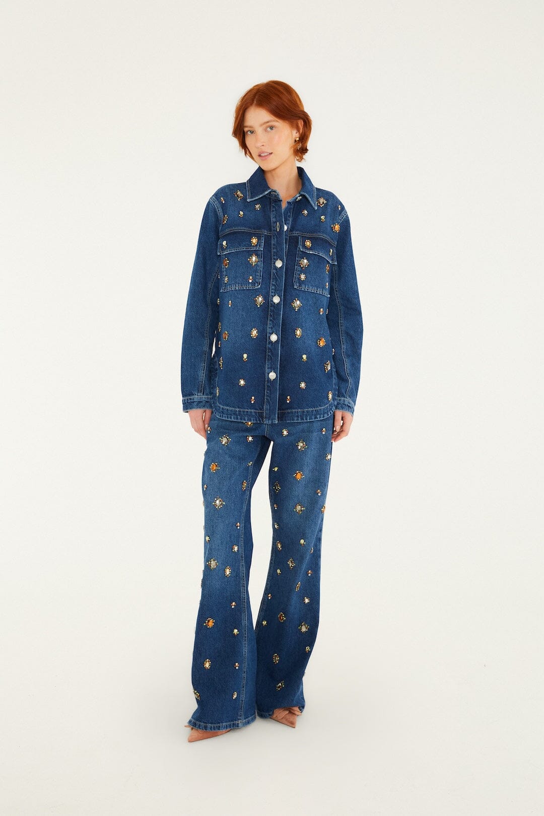 FARM Rio model wearing the Golden Gems Denim Shirt