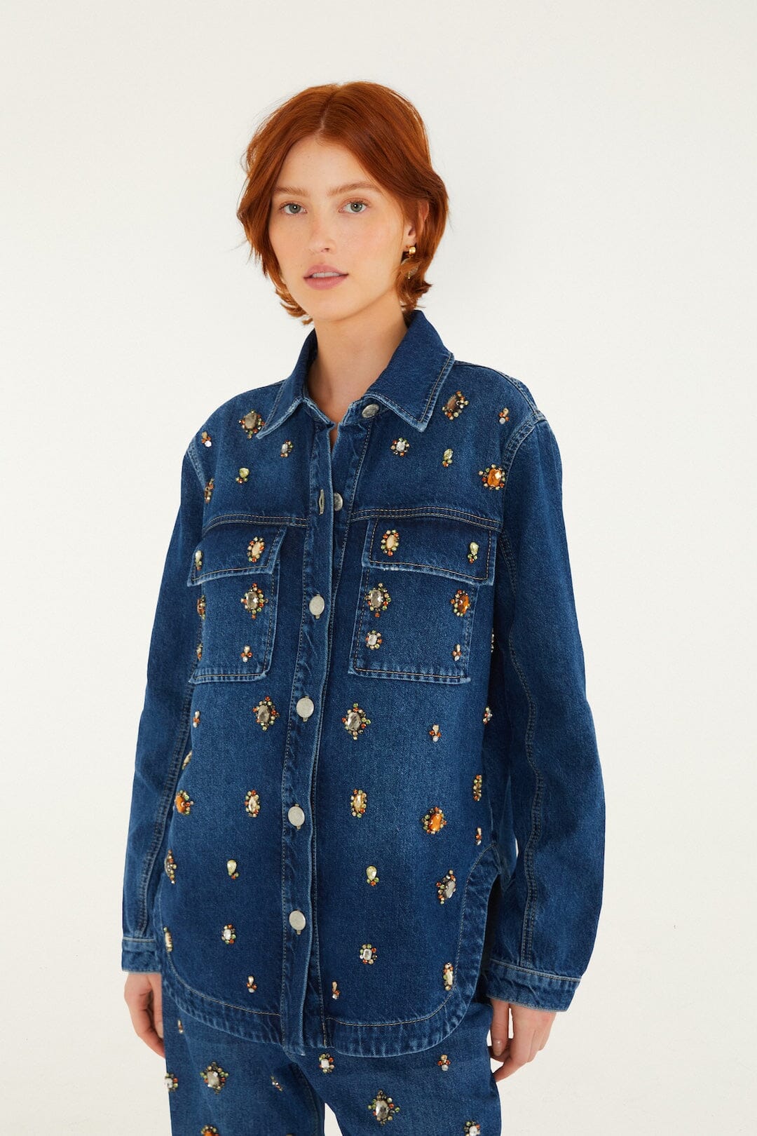 FARM Rio model wearing the Golden Gems Denim Shirt