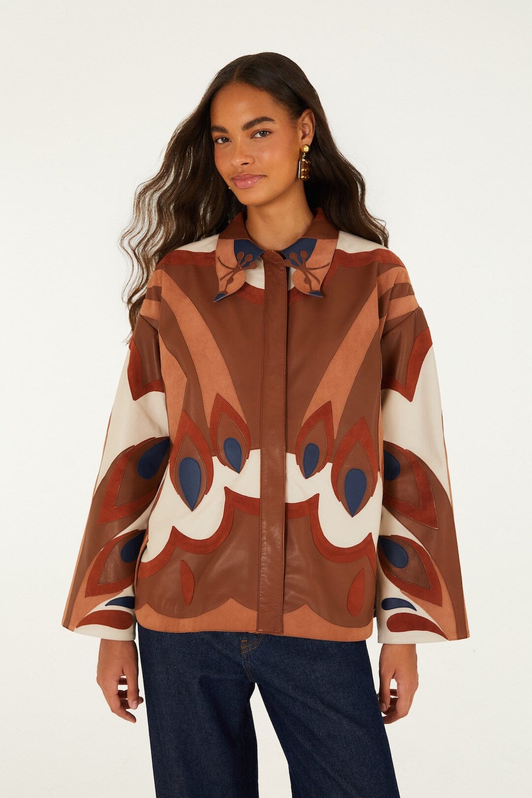 FARM Rio model wearing the Graphic Bird Collared Leather Shirt