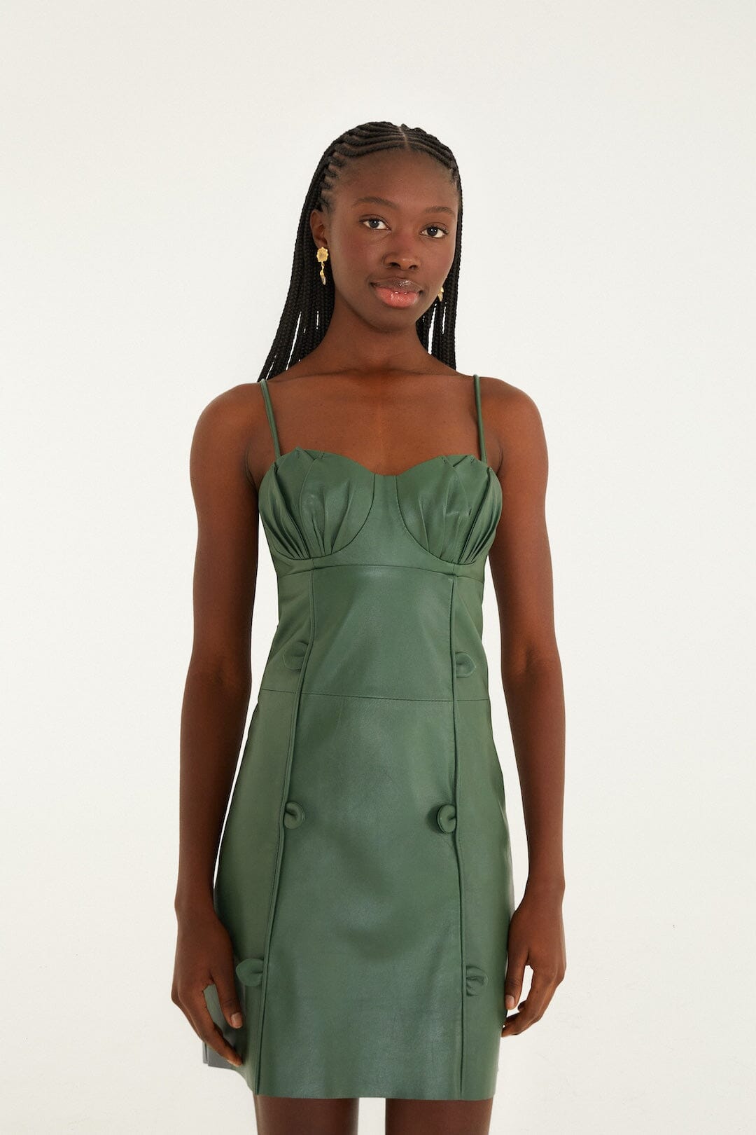 FARM Rio model wearing the Green 3d Flower Leather Mini Dress