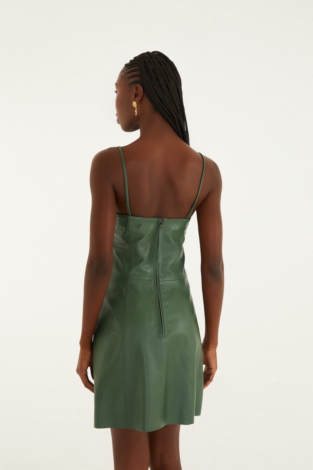 FARM Rio model wearing the Green 3d Flower Leather Mini Dress