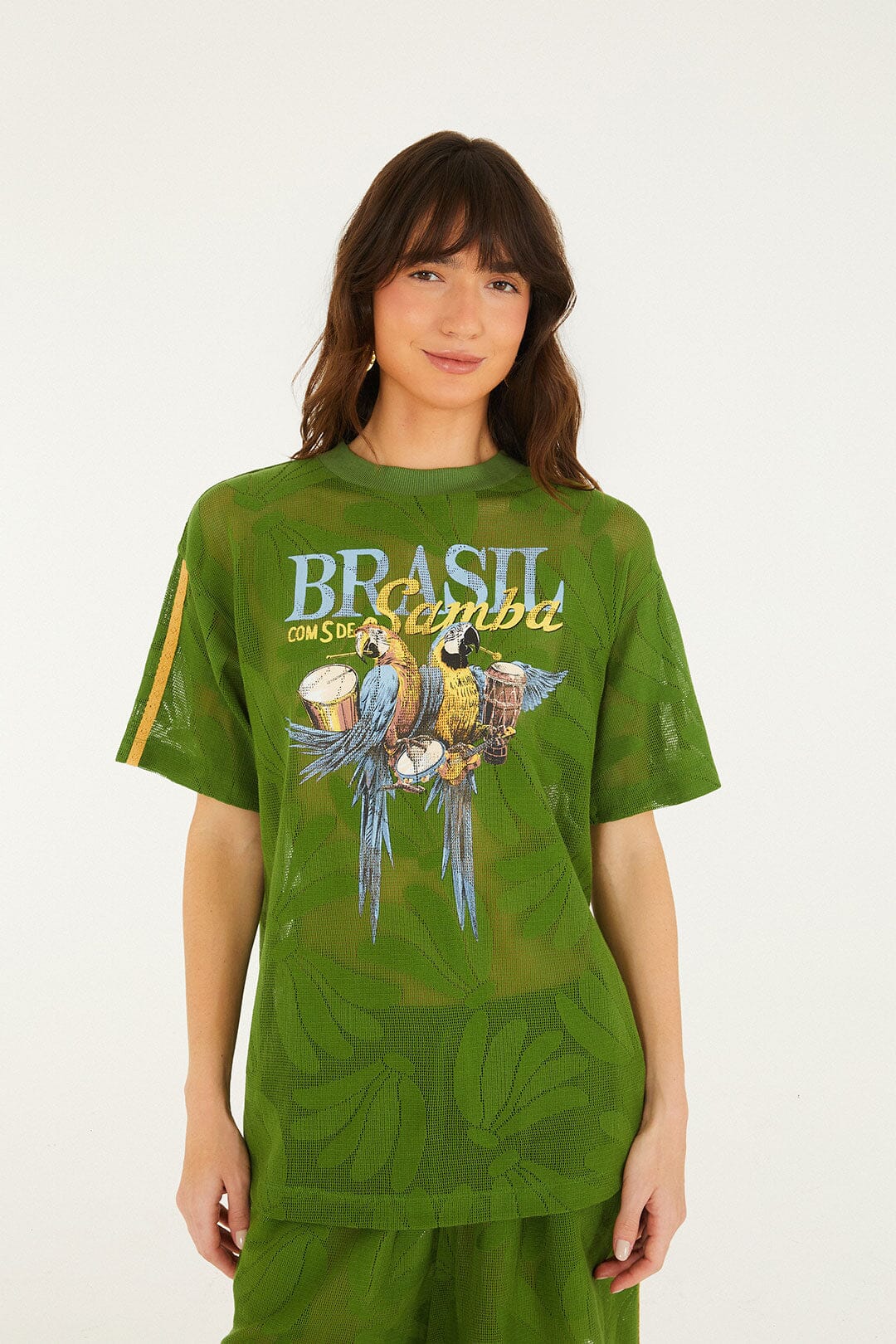 FARM Rio model wearing the Green Brasil Samba Lace T-Shirt