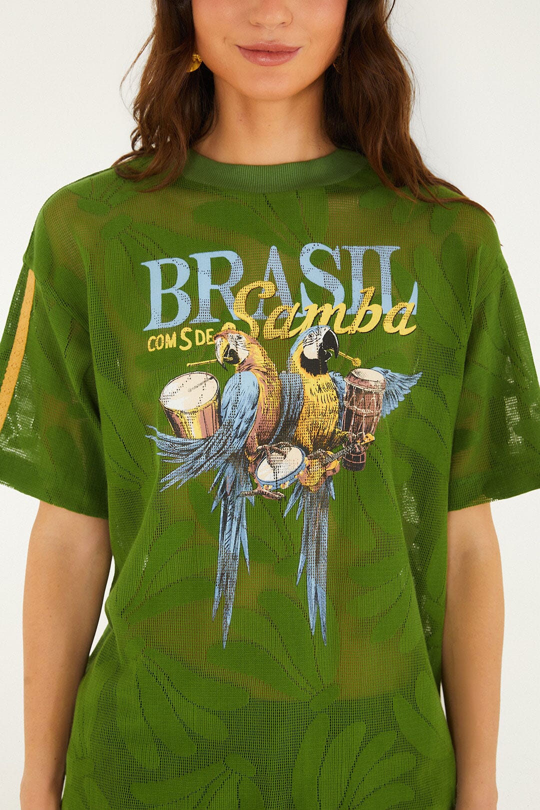 FARM Rio model wearing the Green Brasil Samba Lace T-Shirt
