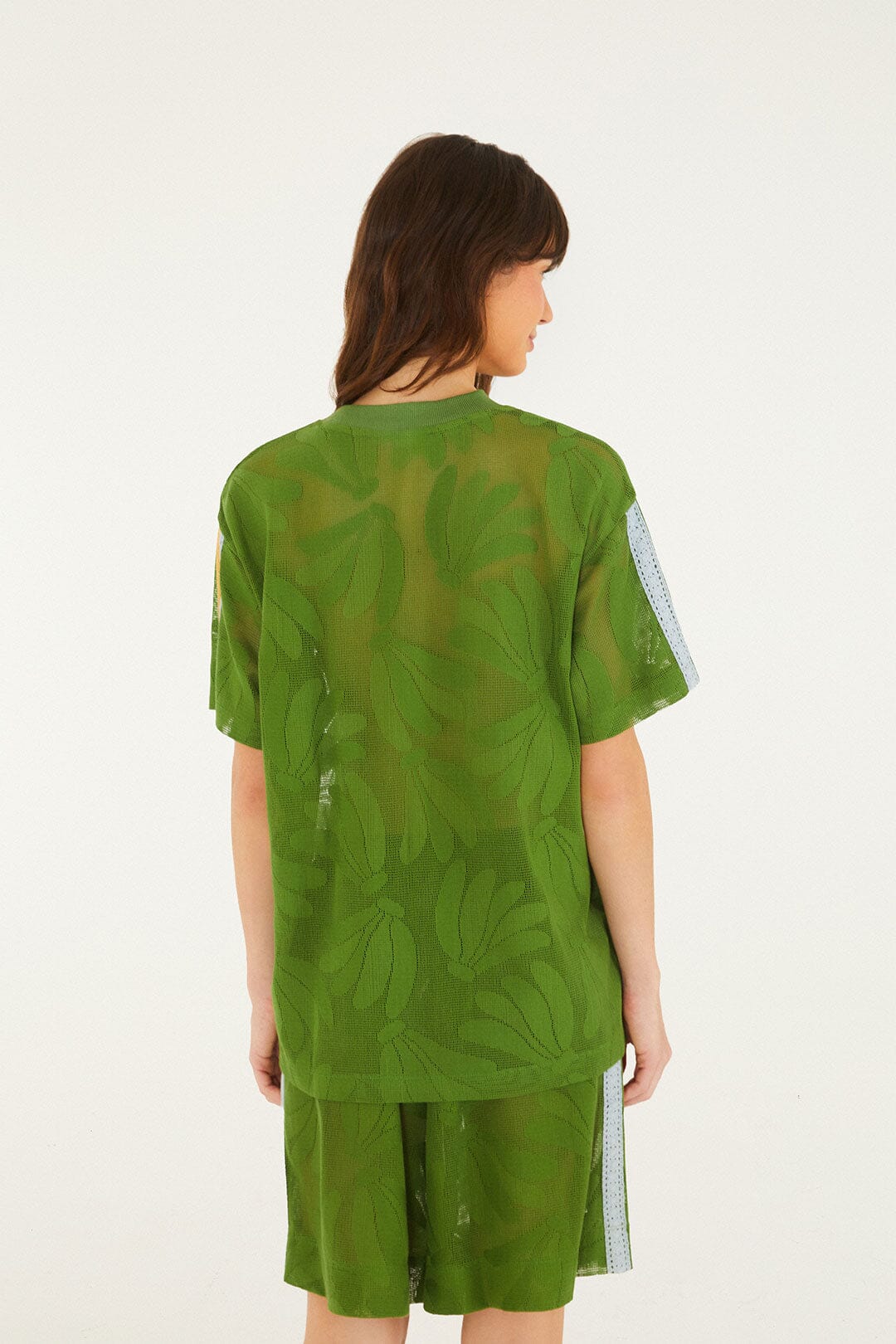 FARM Rio model wearing the Green Brasil Samba Lace T-Shirt