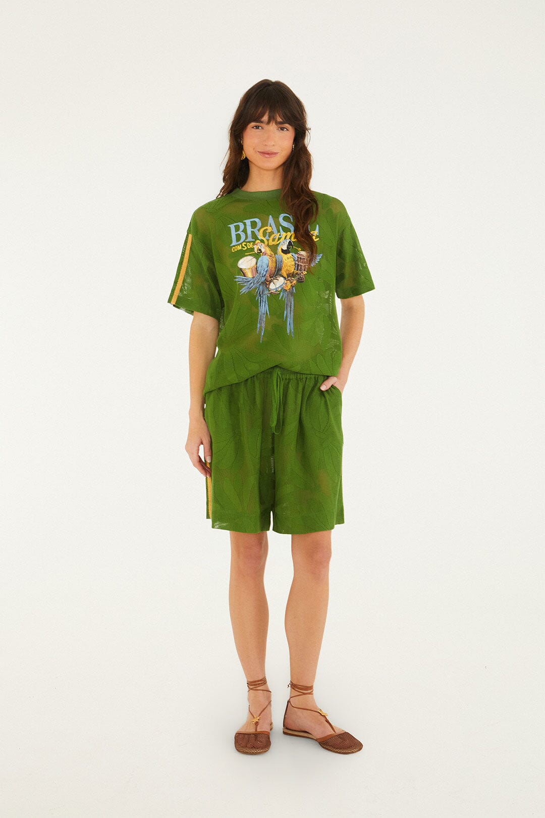 FARM Rio model wearing the Green Brasil Samba Lace T-Shirt