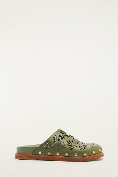 Green Lace Leather Anatomic Slide Mule | FARM Rio