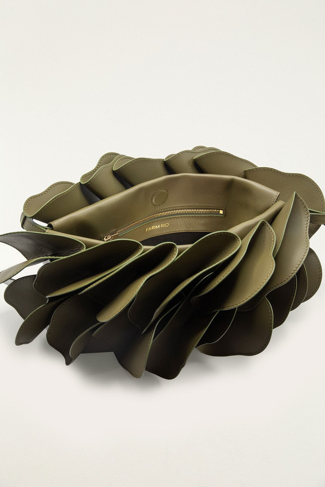 FARM Rio model wearing the Green Leather Shoulder Flower Bag