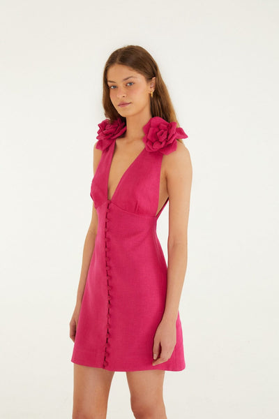 PINK 3d Flower Euroflax Premium Linen Mini Dress