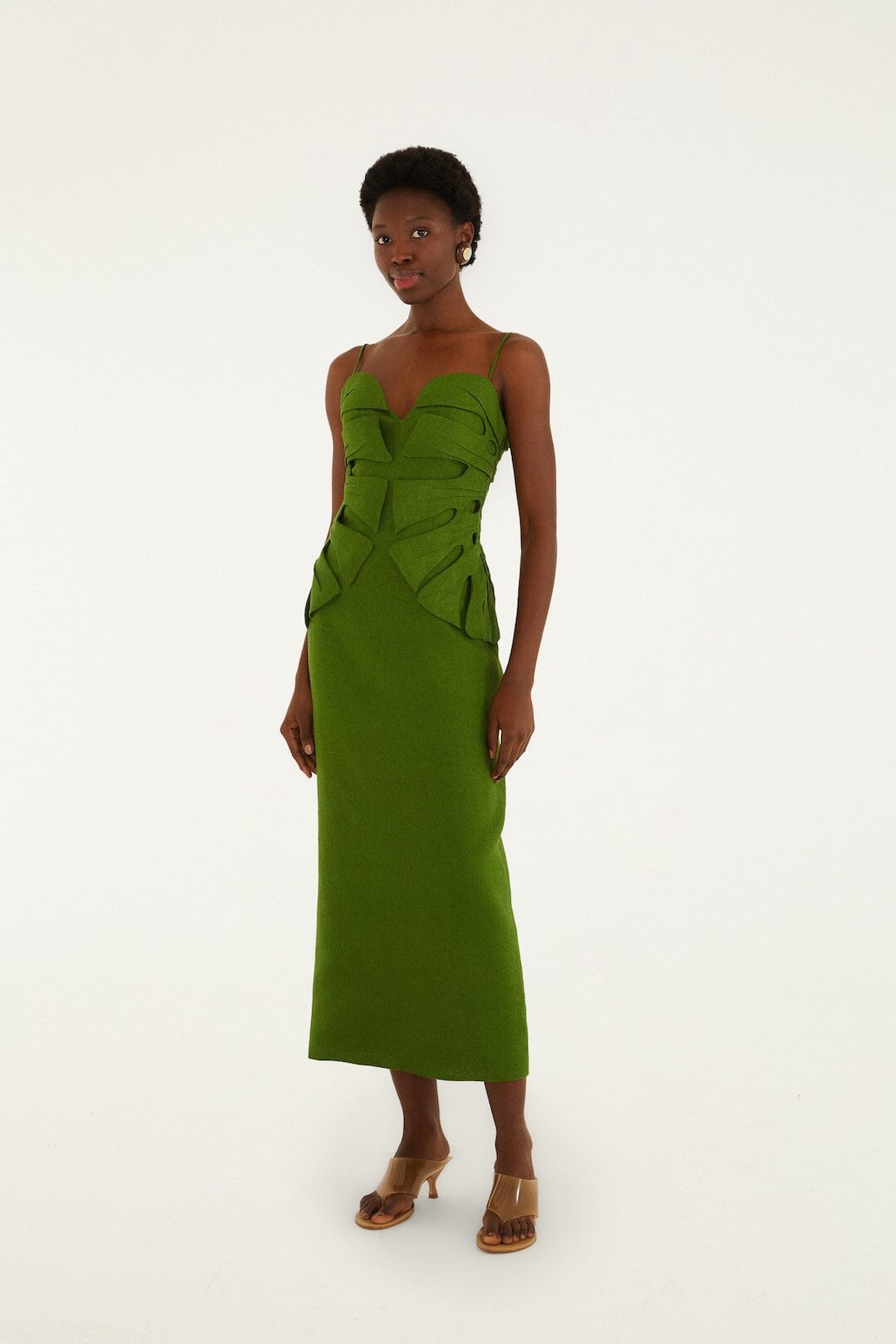 FARM Rio model wearing the Green Monstera Leaf Sleeveless Maxi Dress Red Sleeveless Euroflax