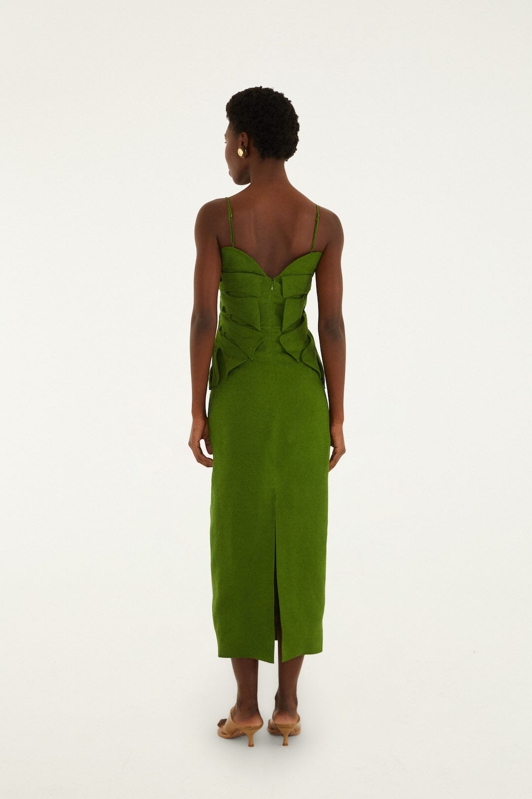 FARM Rio model wearing the Green Monstera Leaf Sleeveless Maxi Dress Red Sleeveless Euroflax