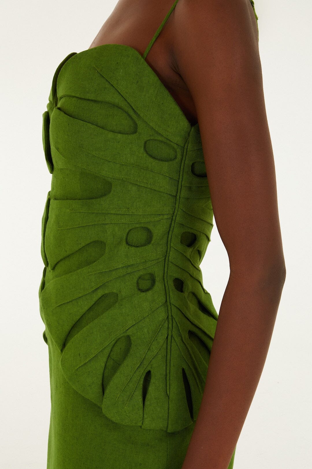 FARM Rio model wearing the Green Monstera Leaf Sleeveless Maxi Dress Red Sleeveless Euroflax