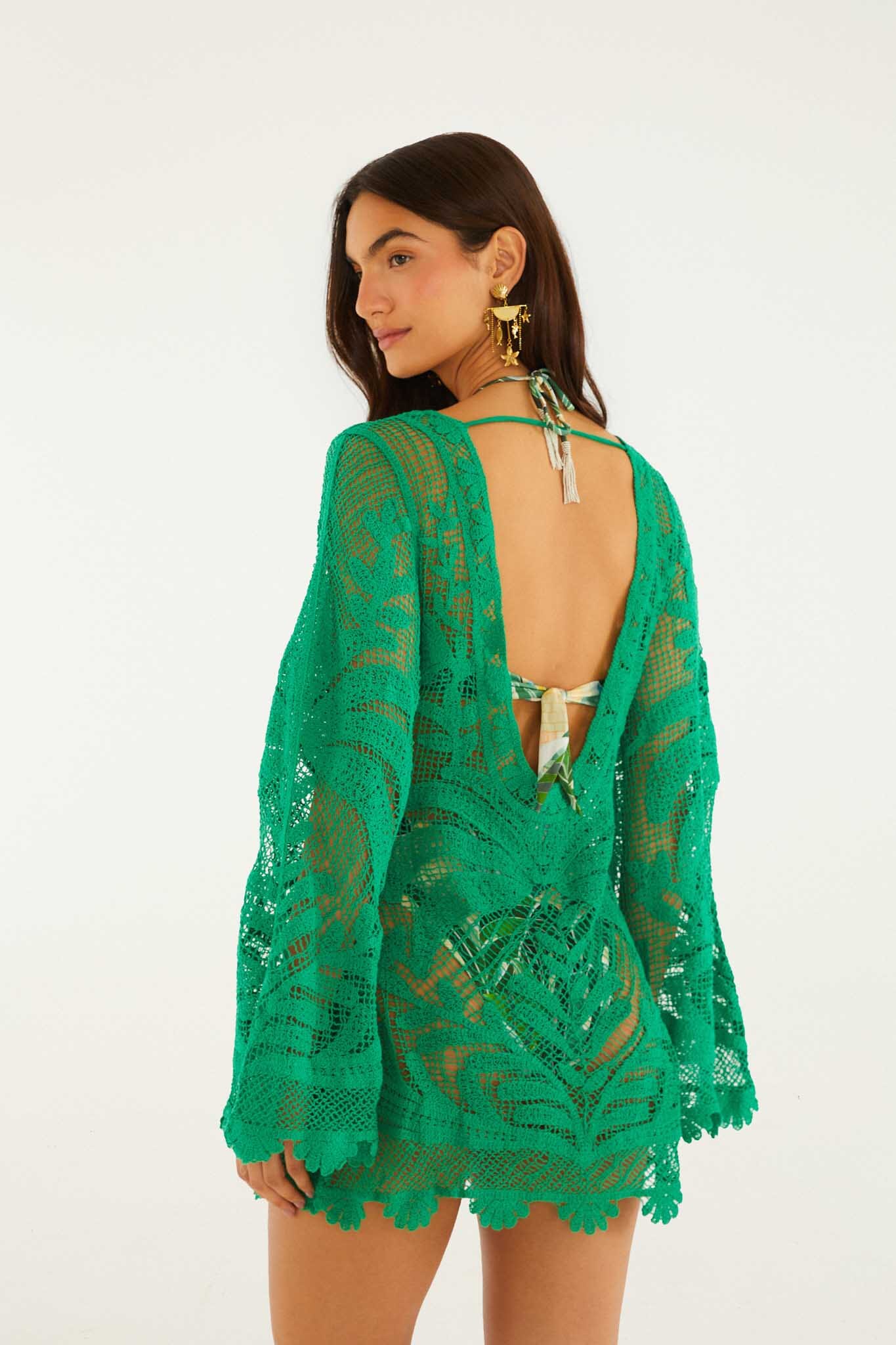 FARM Rio model wearing the Green Richelieu Open Sheer Back Mini Dress