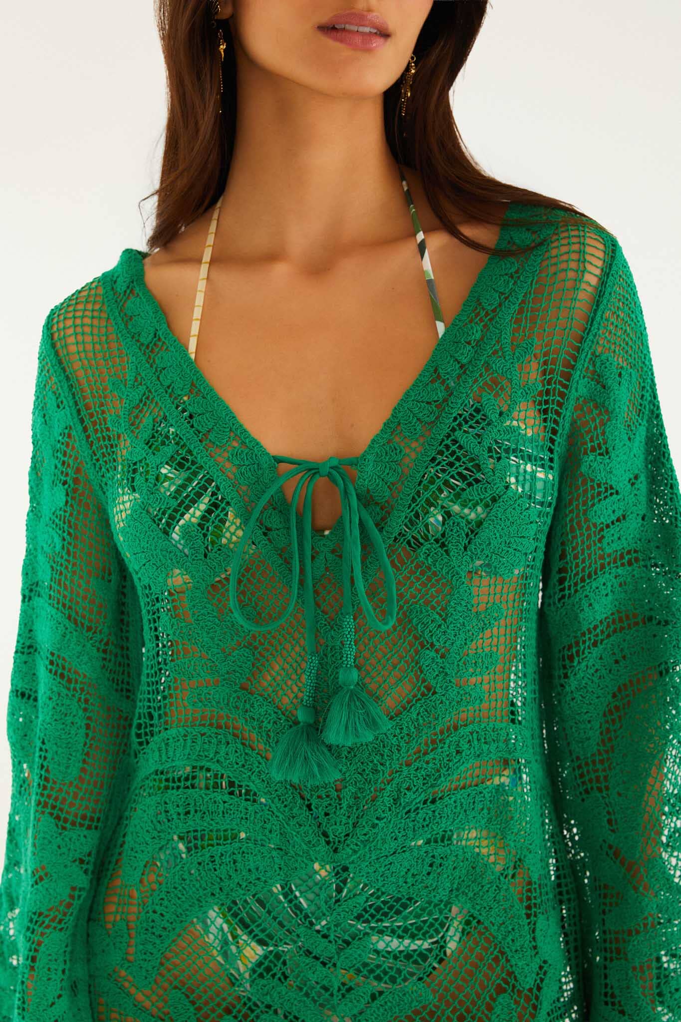 FARM Rio model wearing the Green Richelieu Open Sheer Back Mini Dress