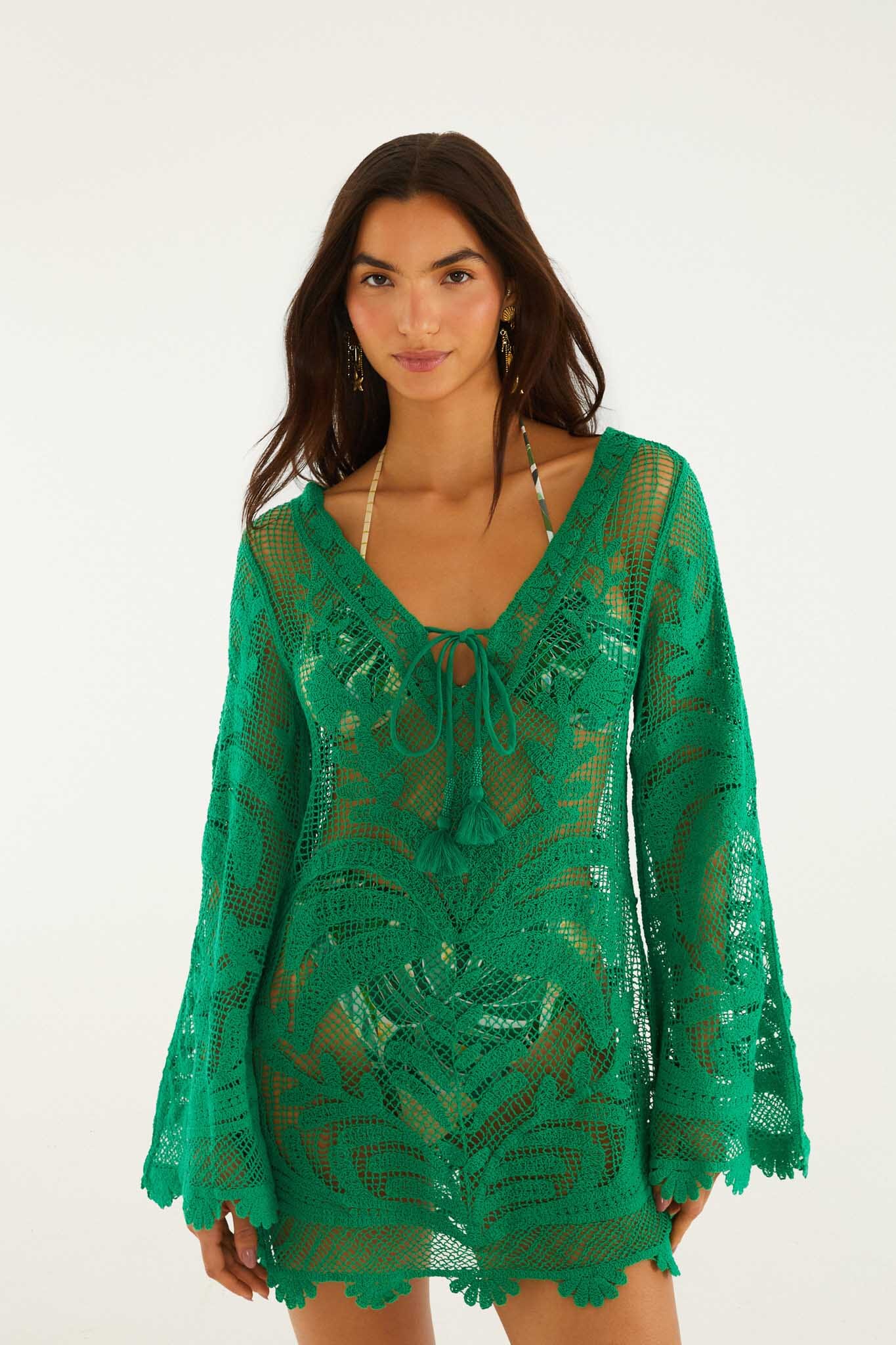 FARM Rio model wearing the Green Richelieu Open Sheer Back Mini Dress