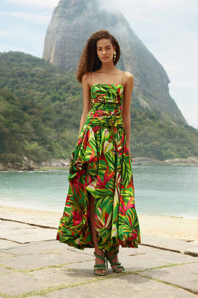FARM Rio Green Tropical Dream Draped Organic Cotton Maxi Dress, Orange / S