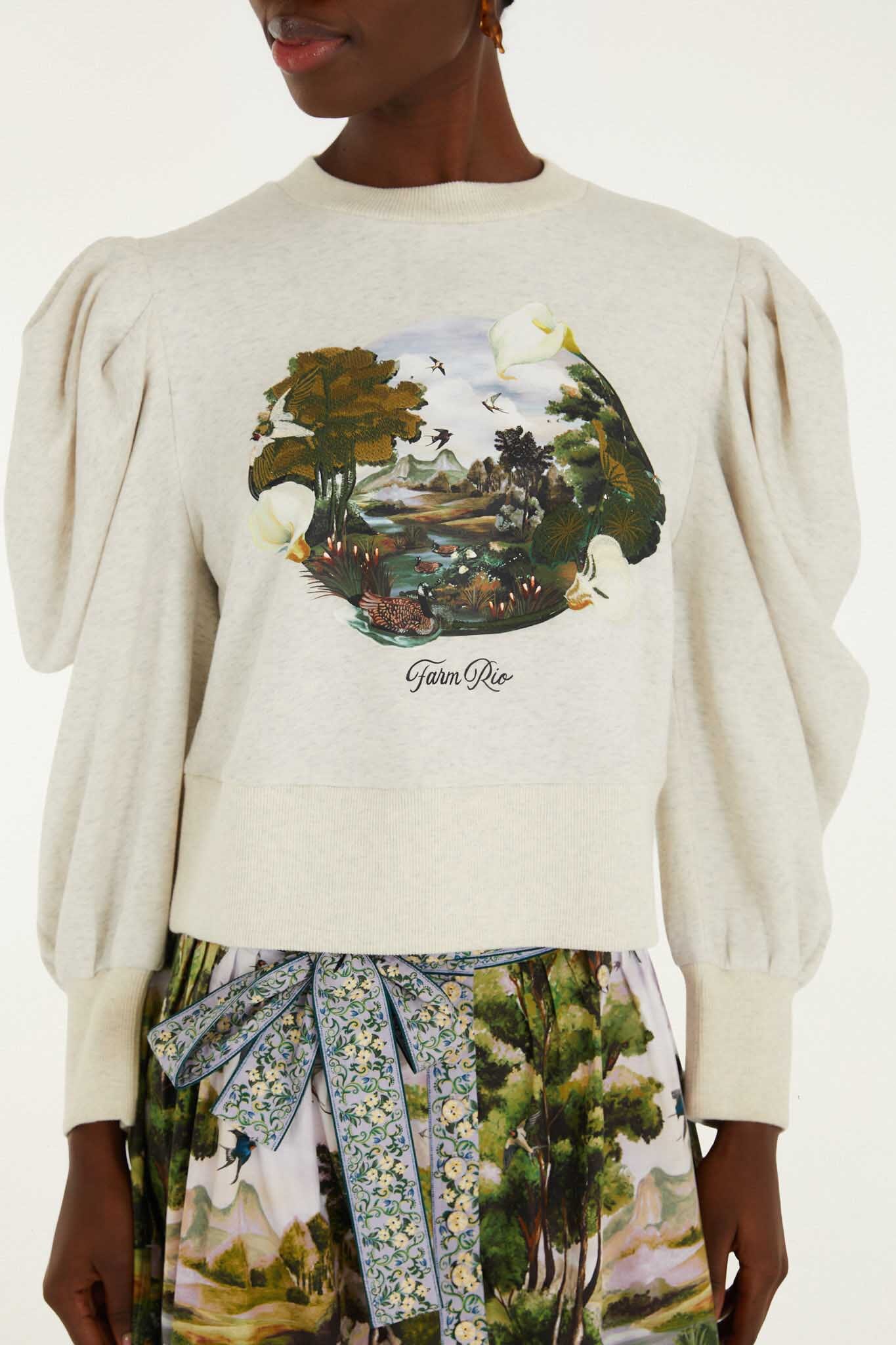 FARM Rio model wearing the Grey Countryside Landscape Puff Sleeve Sweater