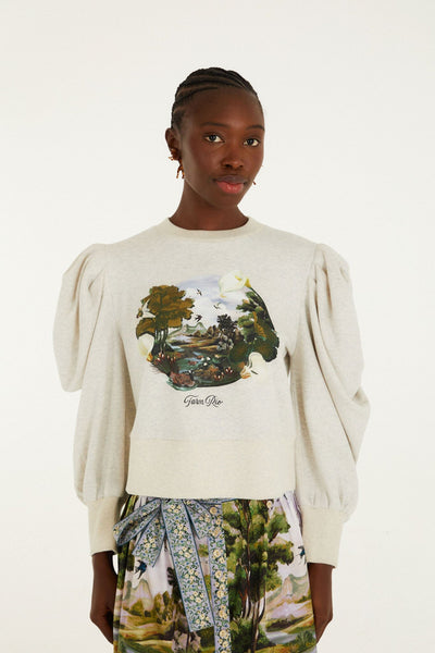 Grey Countryside Landscape Puff Sleeve Sweater | FARM Rio