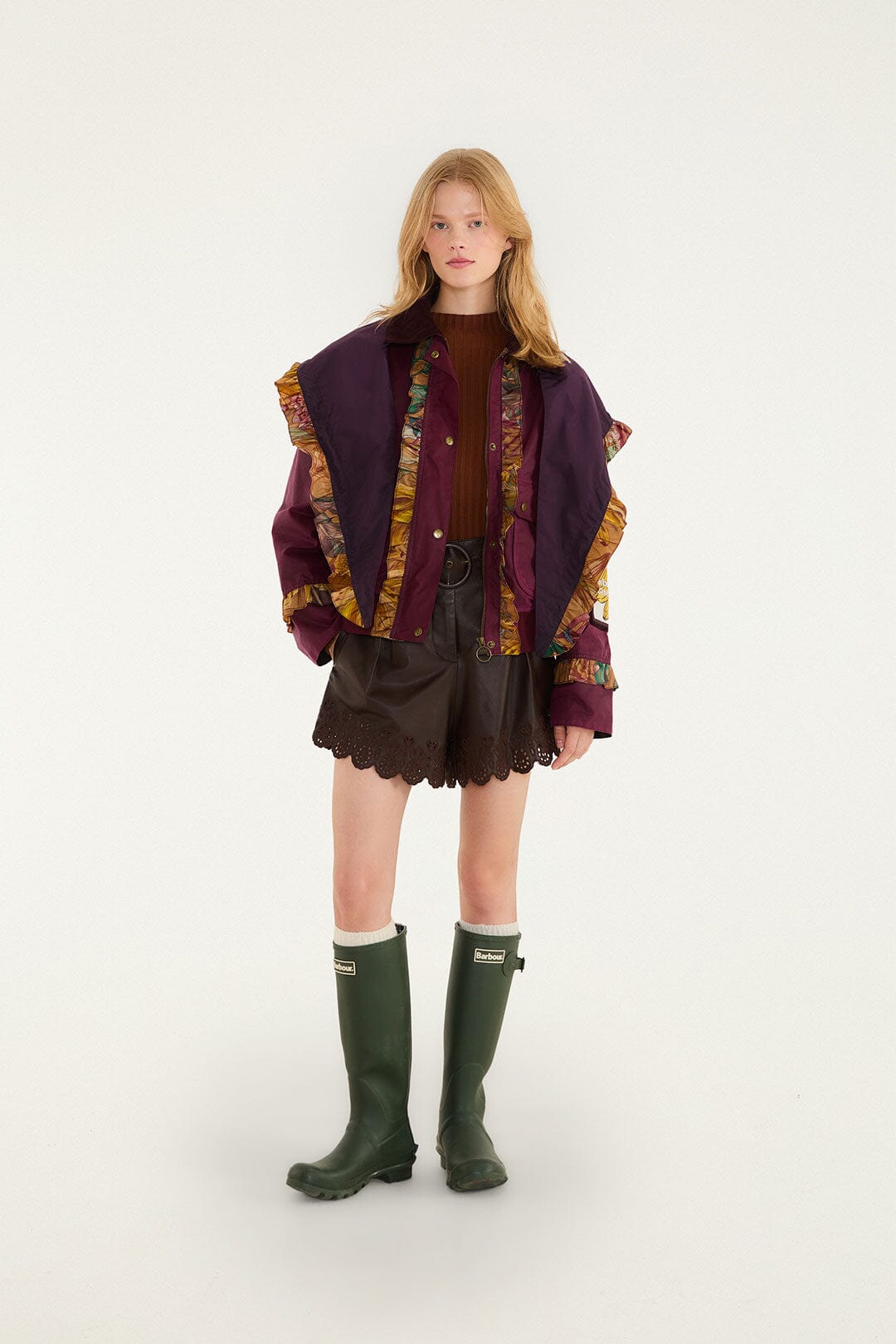 FARM Rio model wearing the Groove Ruflled Wax Jacket