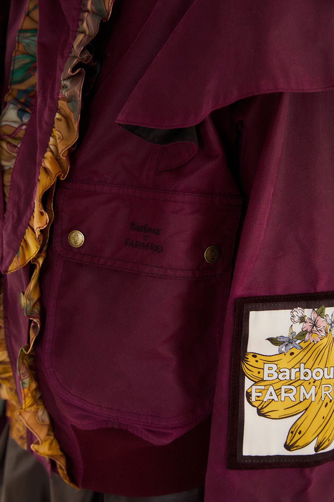 FARM Rio model wearing the Groove Ruflled Wax Jacket