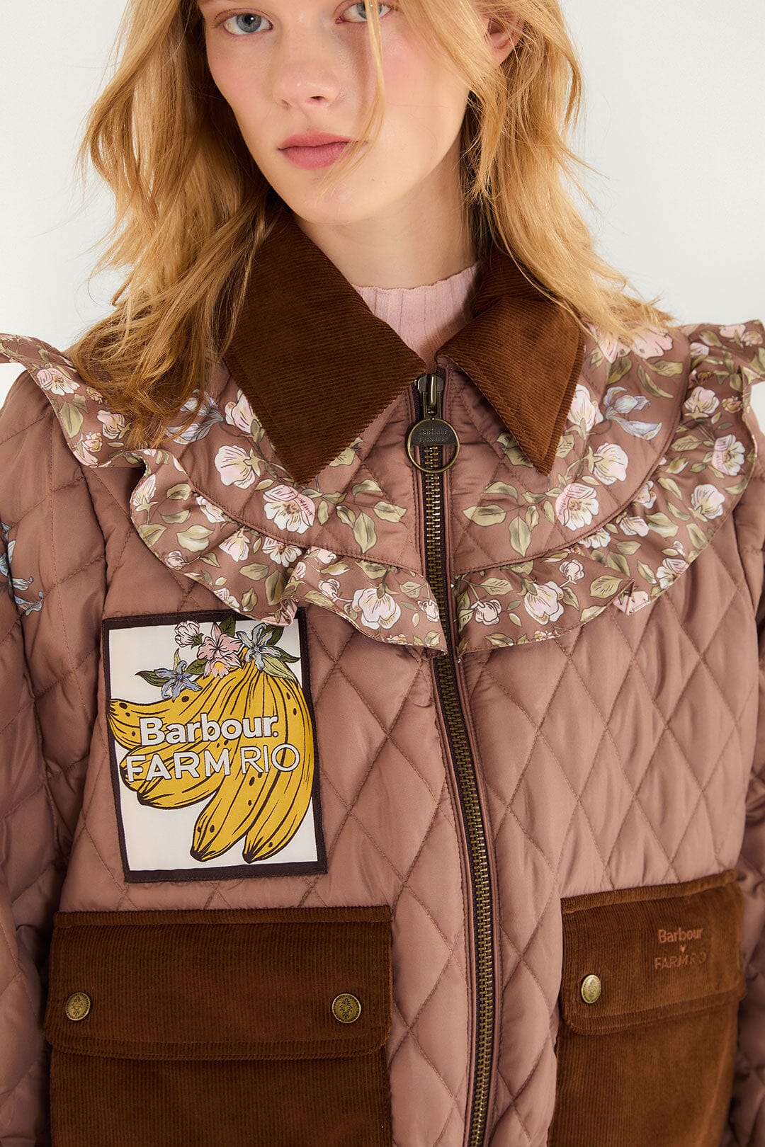FARM Rio model wearing the Heart Of The Tropics Puff Sleeve Quilted Jacket