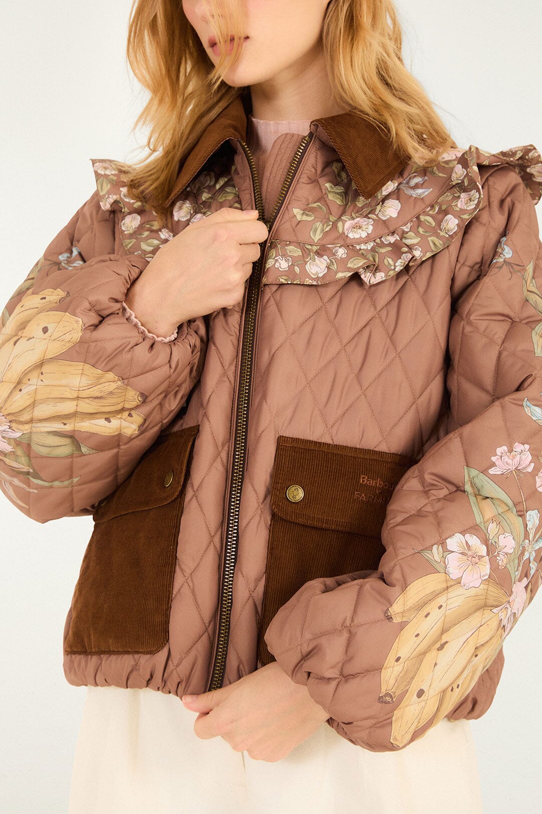 FARM Rio model wearing the Heart Of The Tropics Puff Sleeve Quilted Jacket