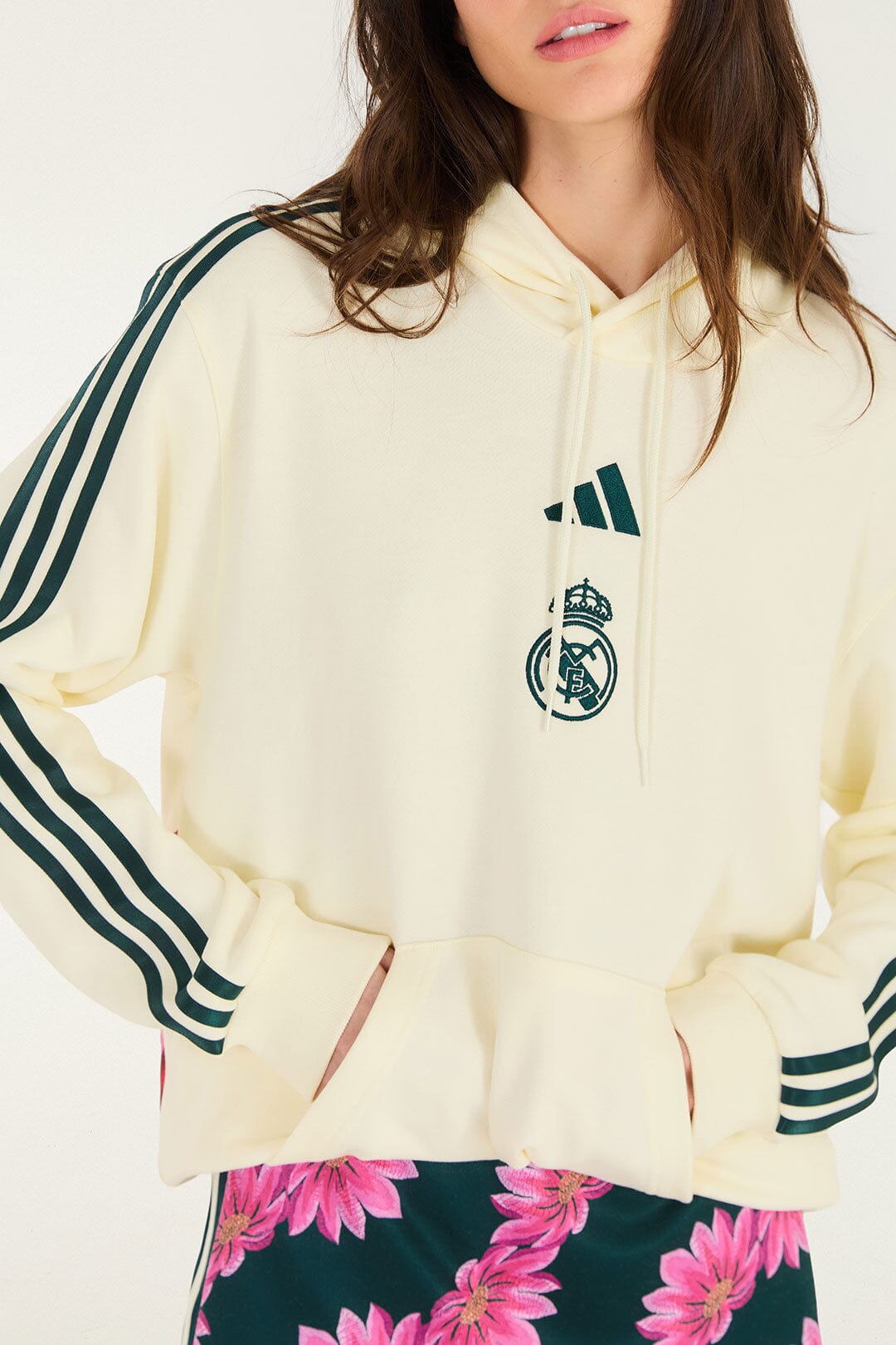 FARM Rio model wearing the Hoodie Adidas Real Flower Cream