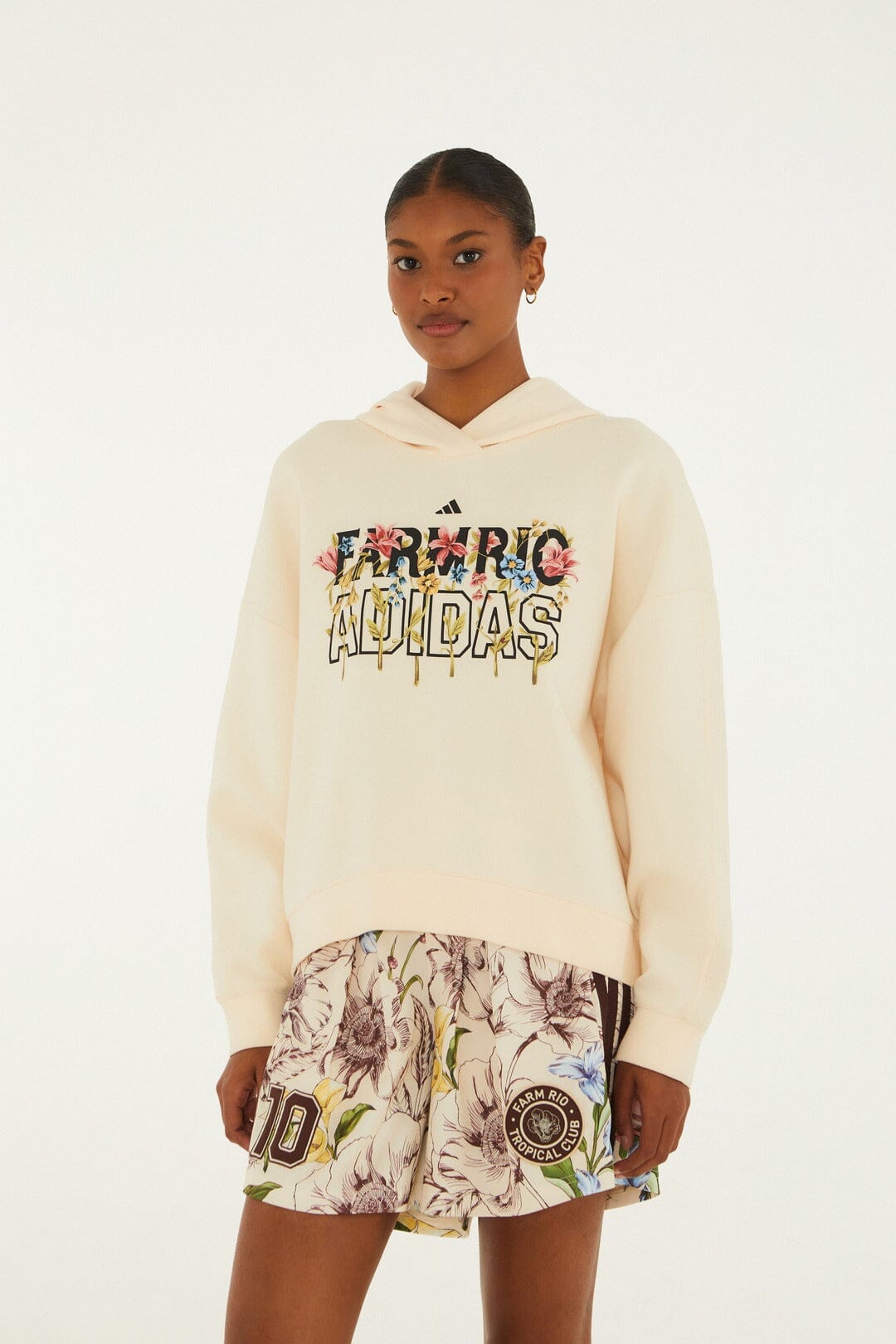 FARM Rio model wearing the Hoodie Adidas Striped Liberty Off-White