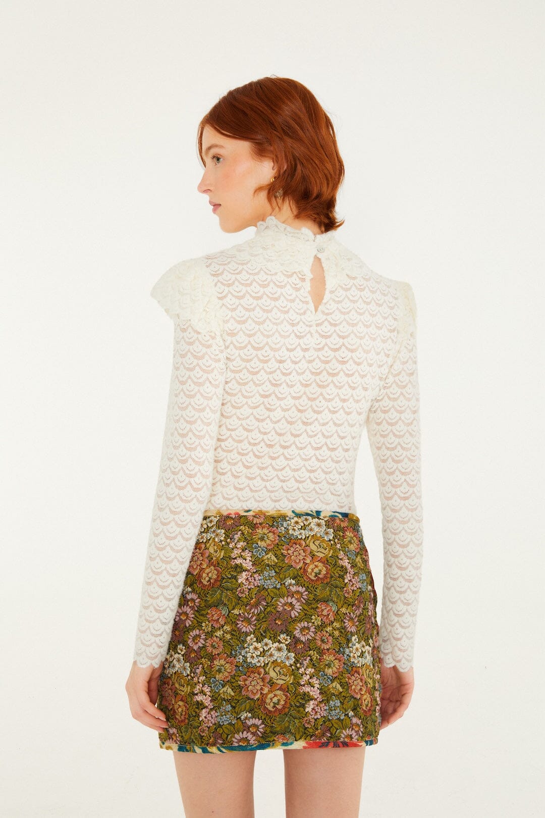 FARM Rio model wearing the Jacquard Arabesque Matelasse Mini Skirt