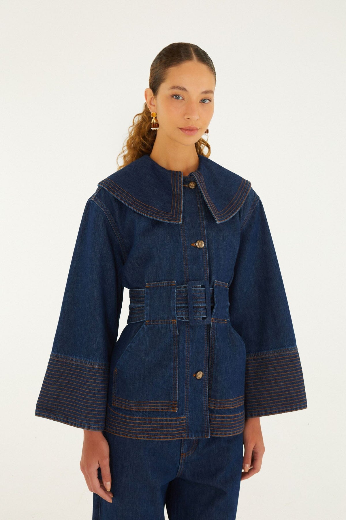 FARM Rio model wearing the Lapel Belted Denim Trench Coat