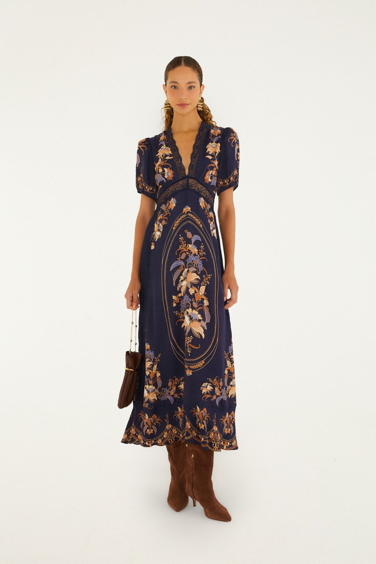 FARM Rio model wearing the Lara Lace Puff Sleeve Maxi Dress