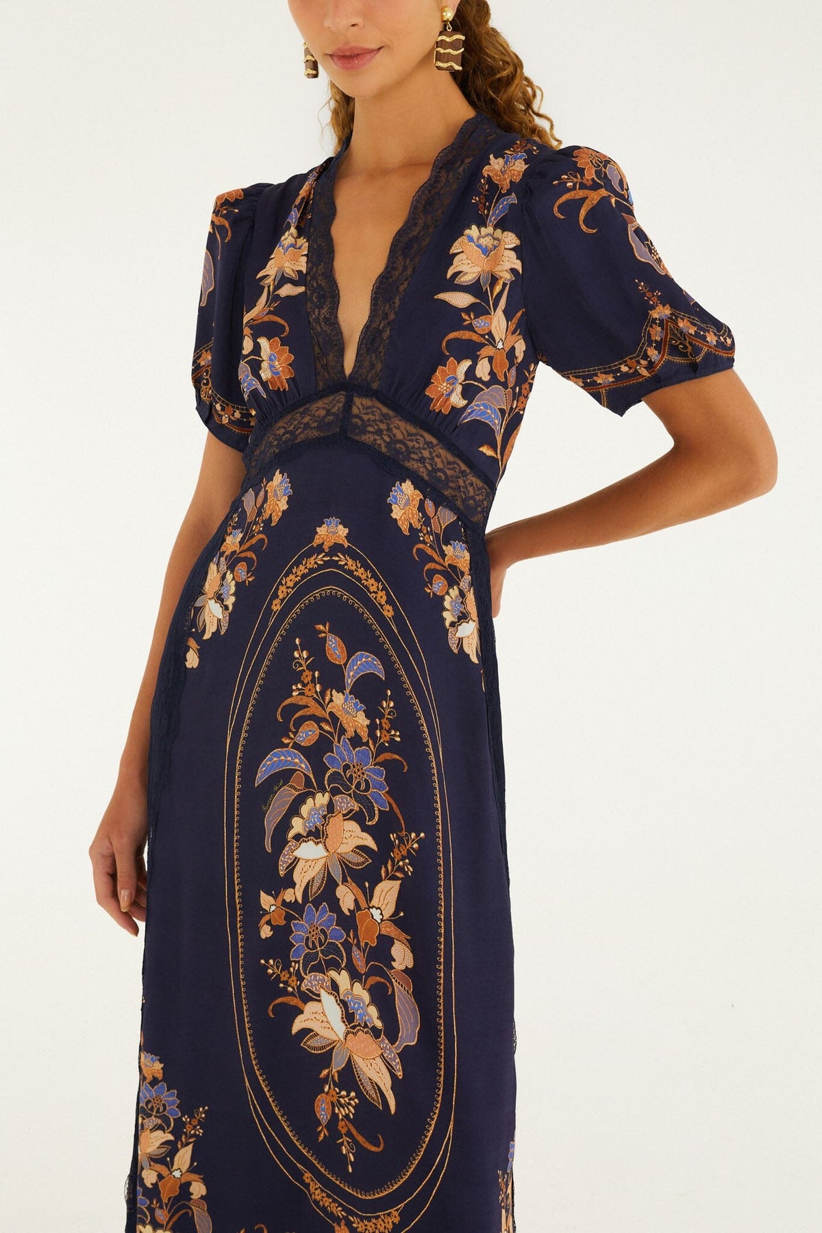 FARM Rio model wearing the Lara Lace Puff Sleeve Maxi Dress
