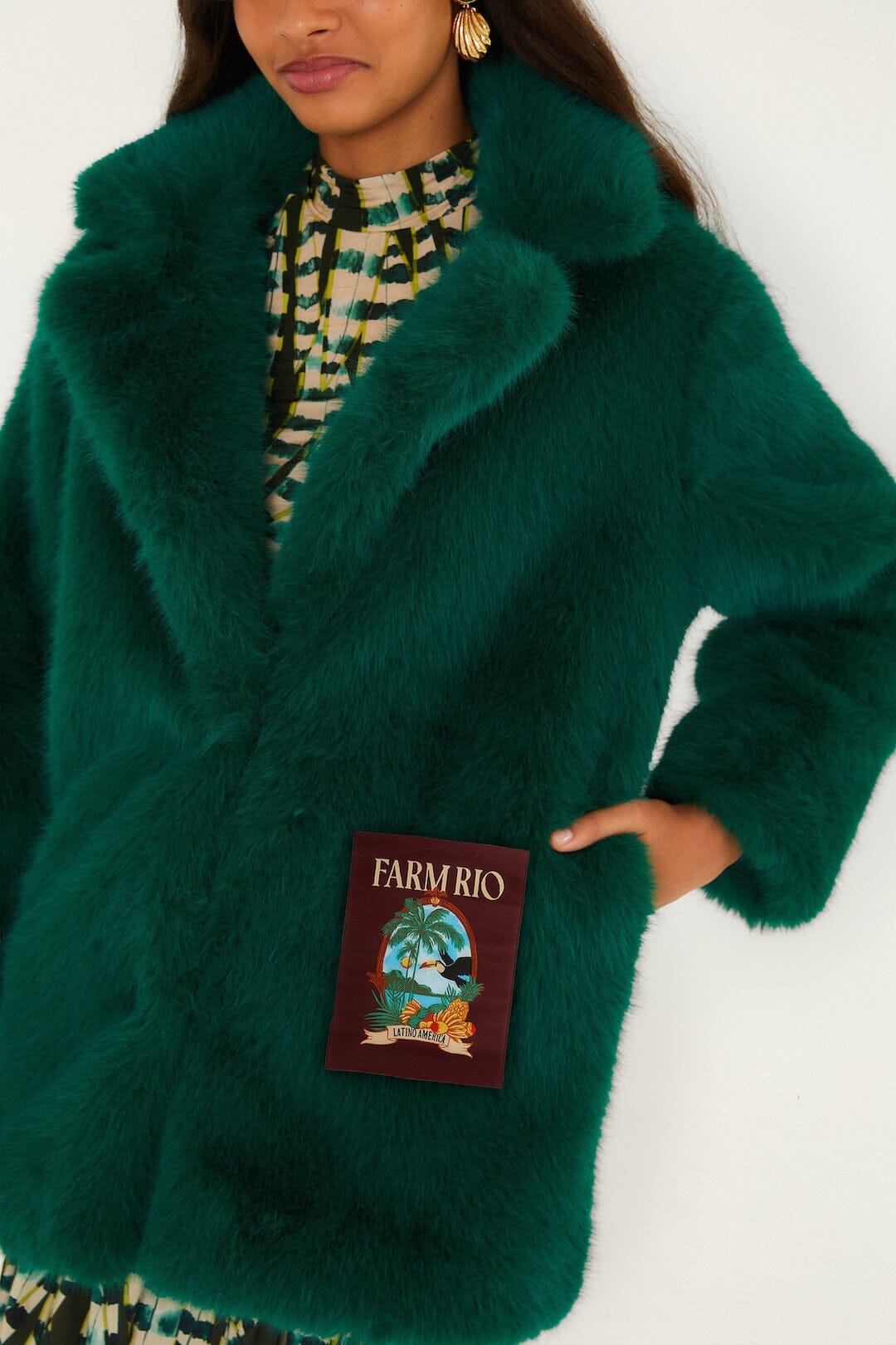 FARM Rio model wearing the Latino America Notched Lapel Faux Fur Coat