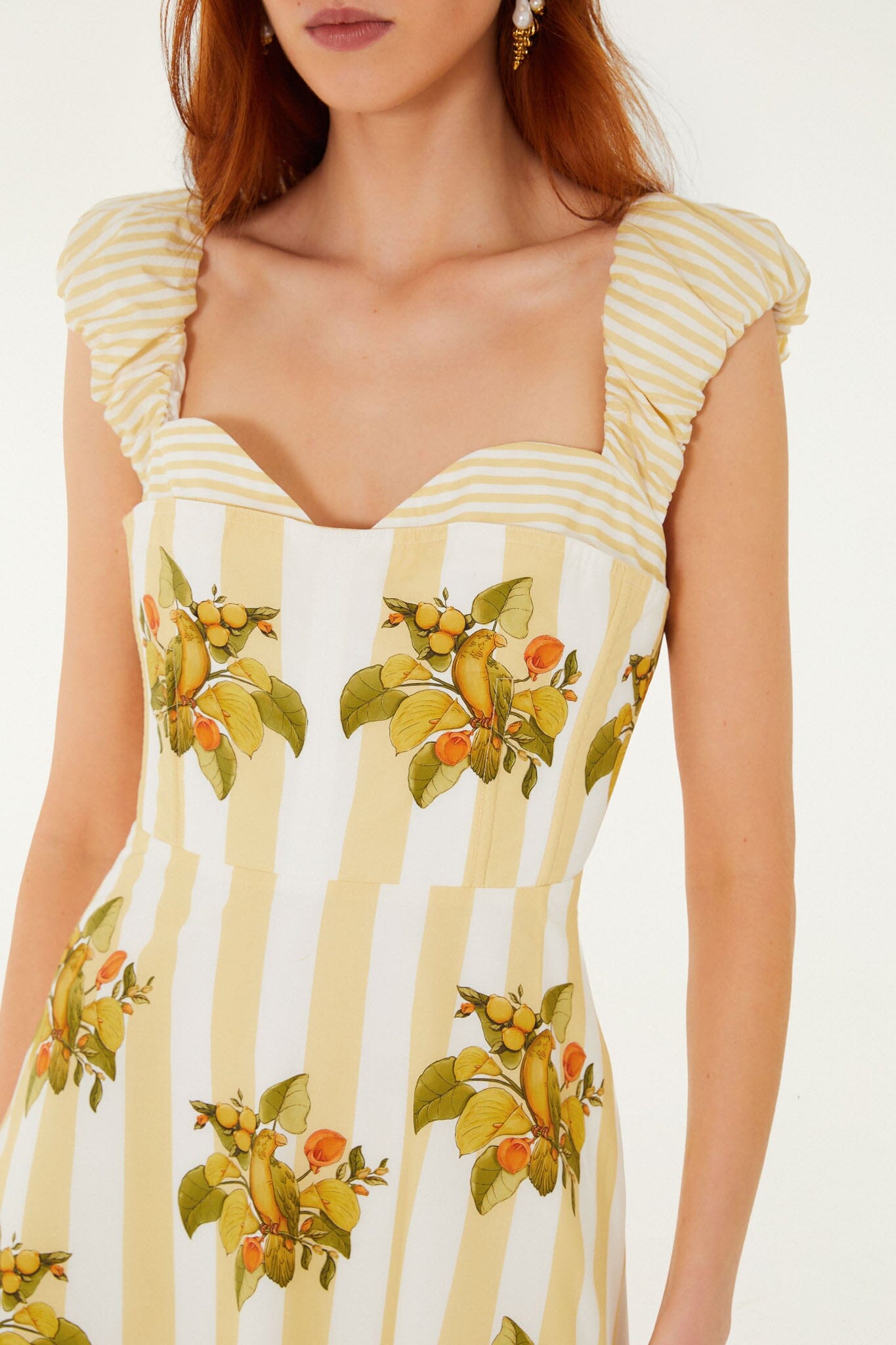 FARM Rio model wearing the Lemon Birds Multicolor Cropped Dress