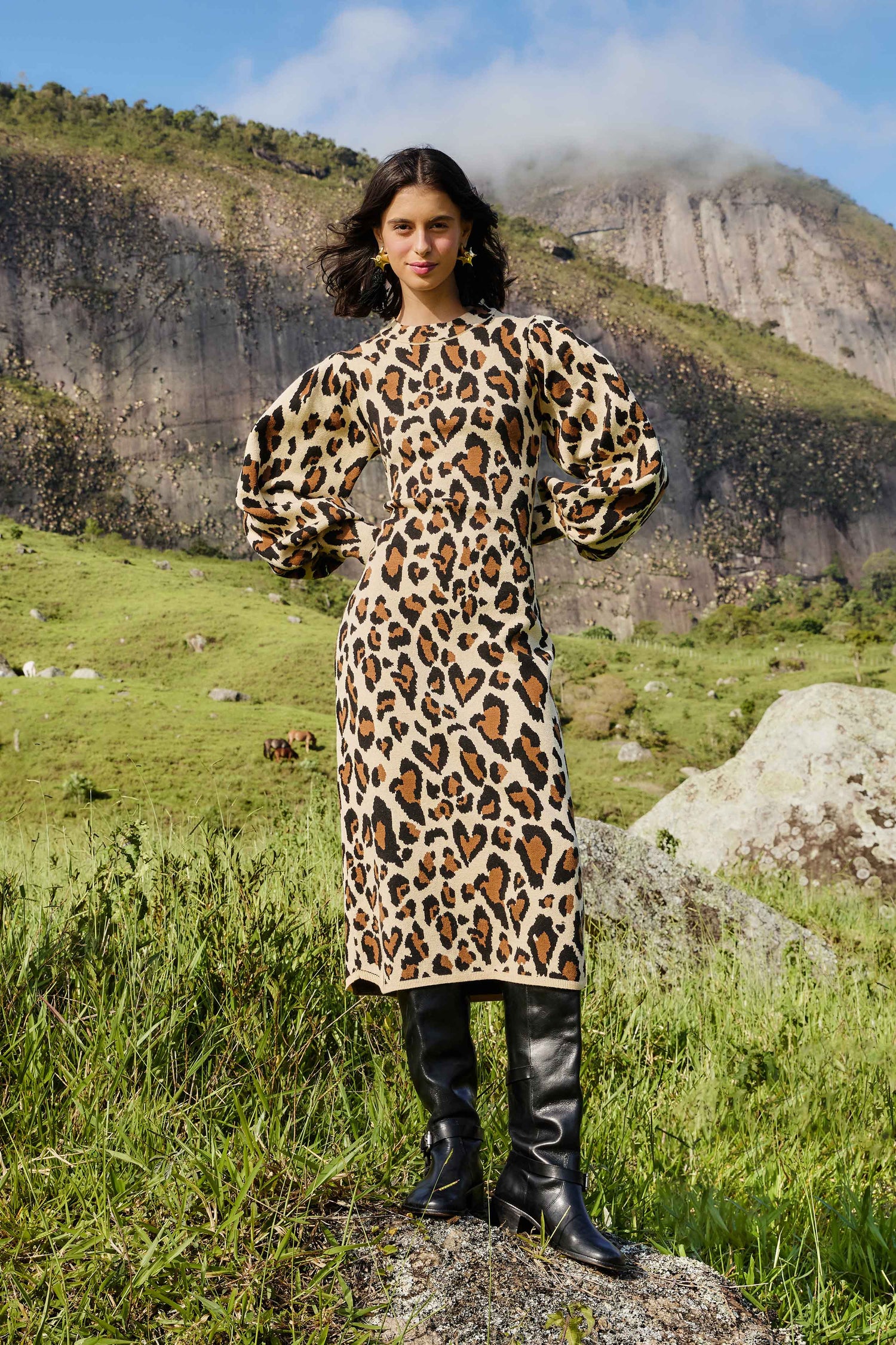 FARM Rio model wearing the Leopard Print Knit Midi Dress