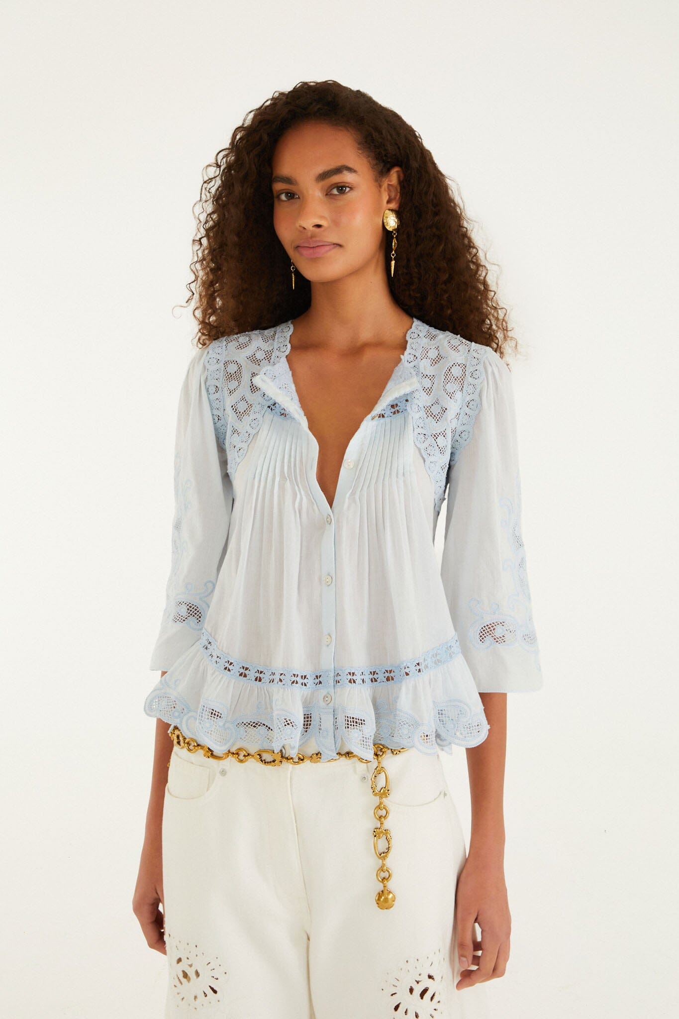 FARM Rio model wearing the Light Blue Richelieu Short Sleeve Blouse