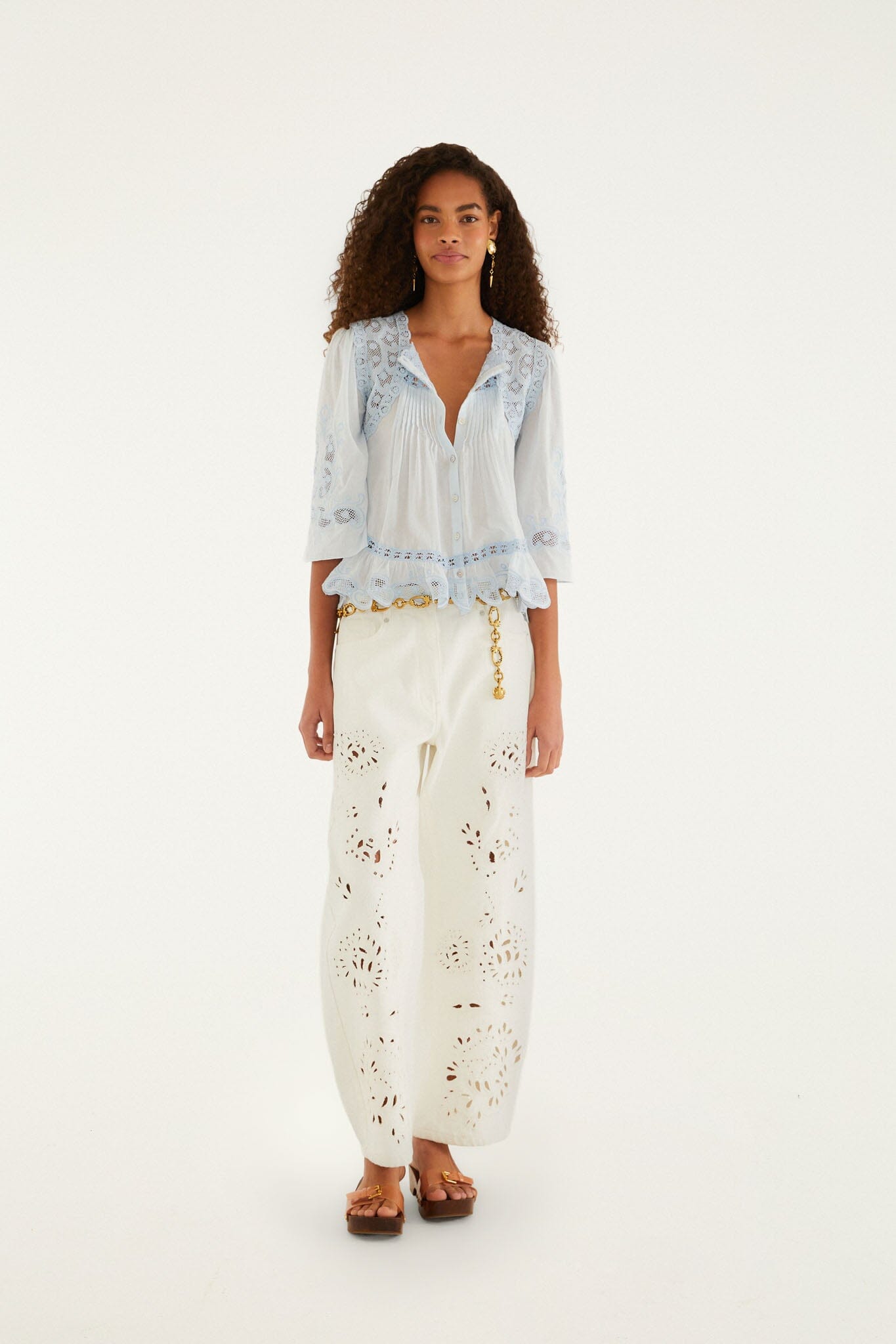 FARM Rio model wearing the Light Blue Richelieu Short Sleeve Blouse