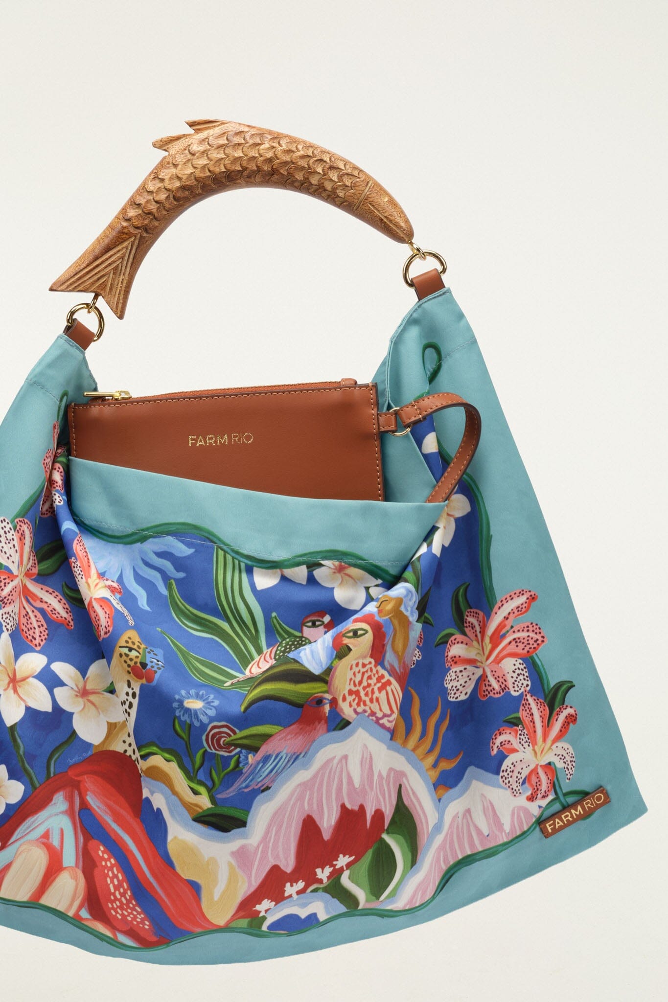 FARM Rio model wearing the Light Blue Satin Small Scarf Bag 