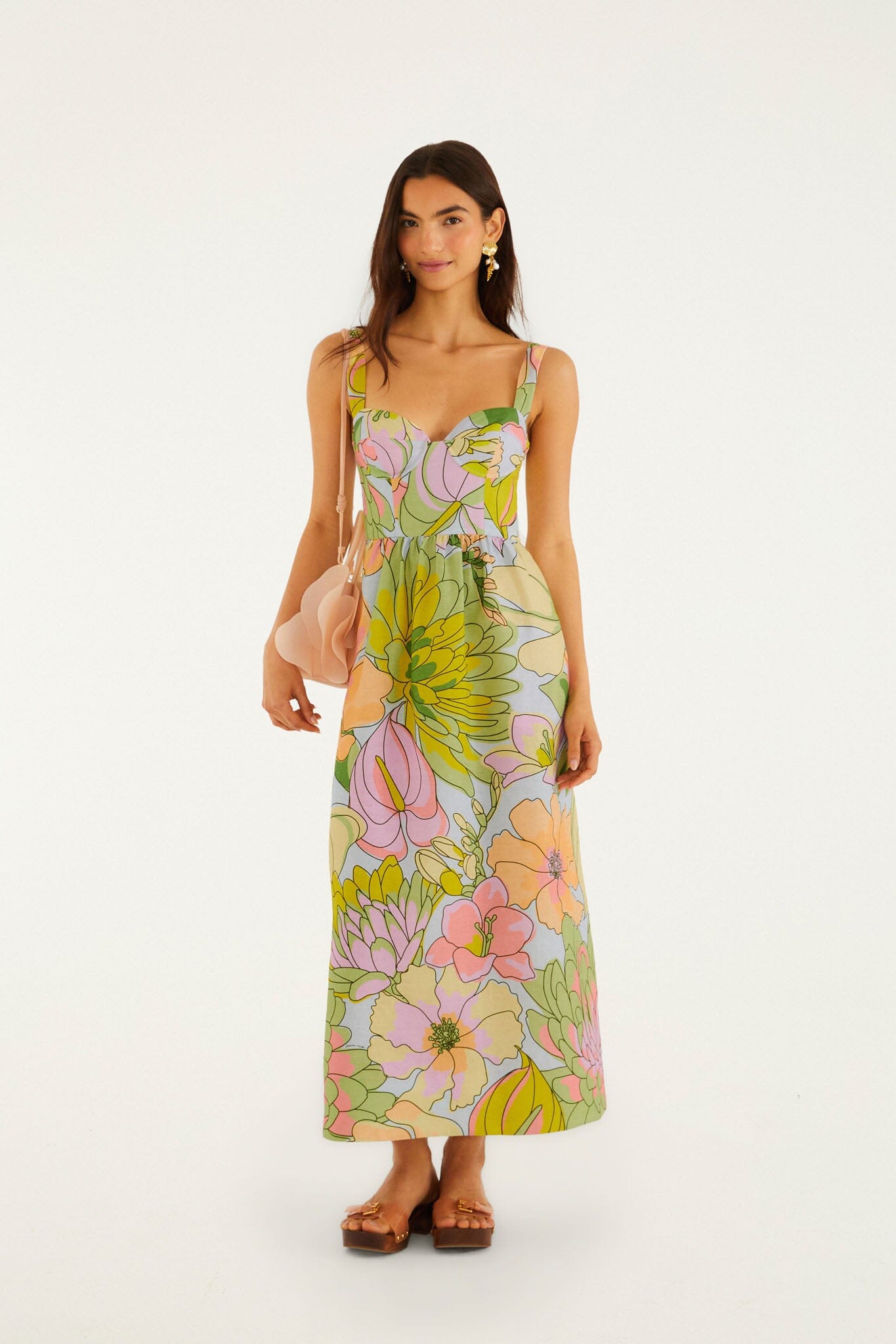 FARM Rio model wearing the Light Blue Spring Affair Euroflax Premium Linen Maxi Dress