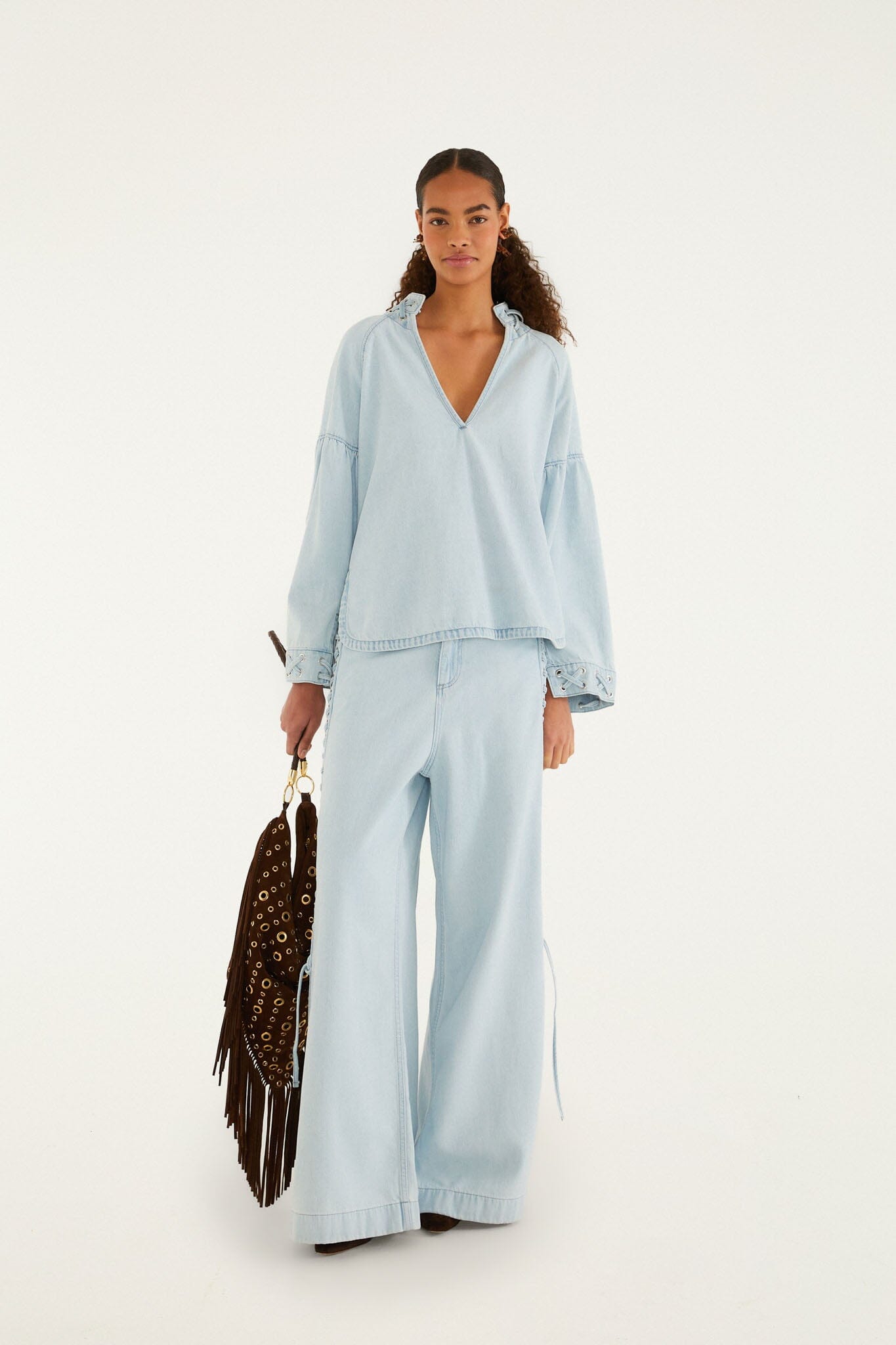 FARM Rio model wearing the Light Denim Ties Wide-Leg Pants