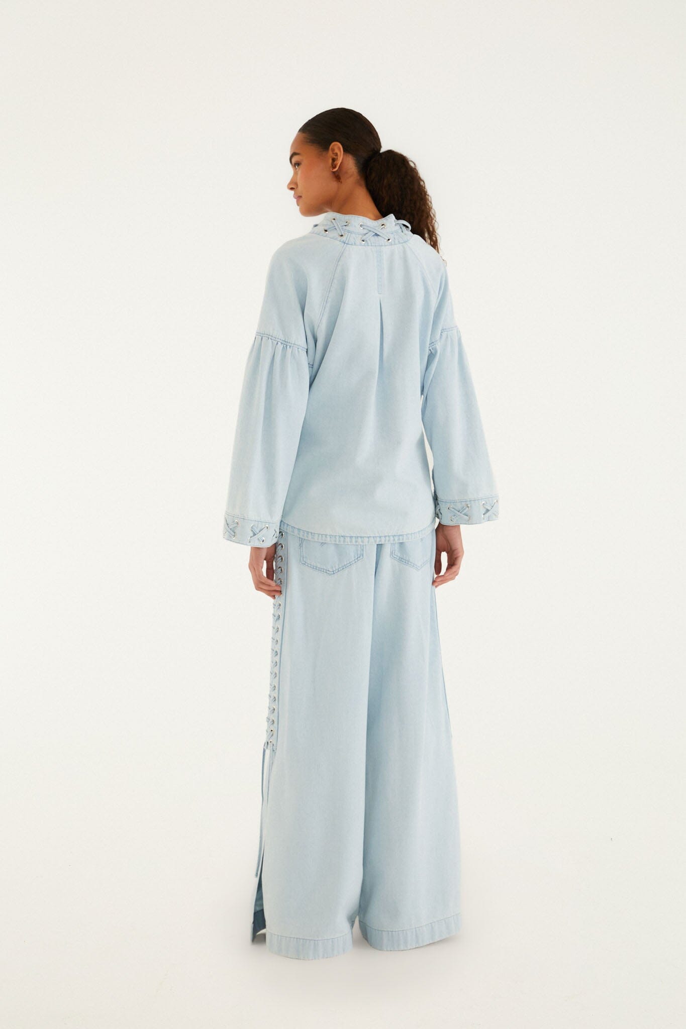 FARM Rio model wearing the Light Denim Ties Wide-Leg Pants