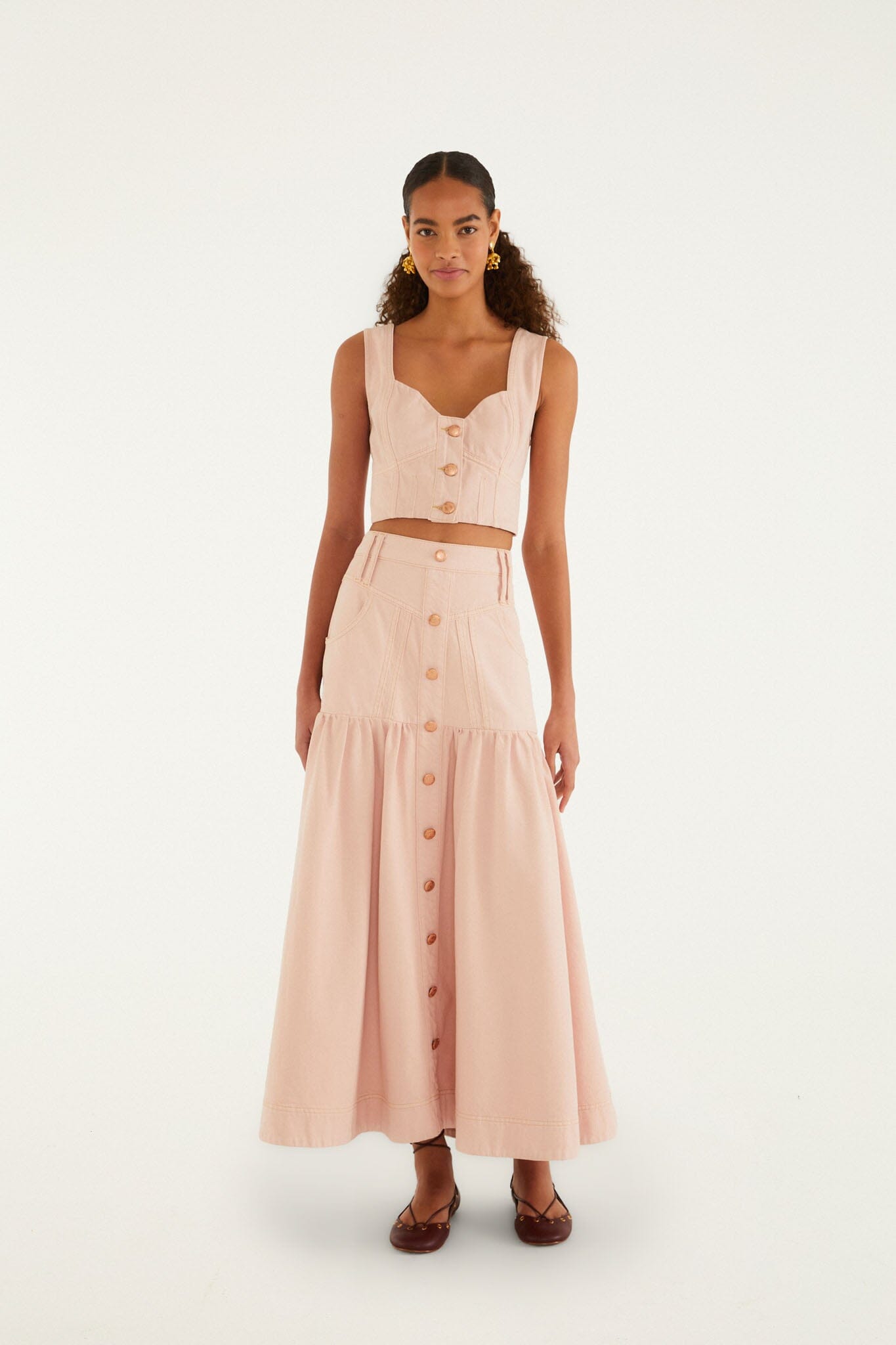 FARM Rio model wearing the Light Pink Bisne Buttoned Twill Midi Skirt