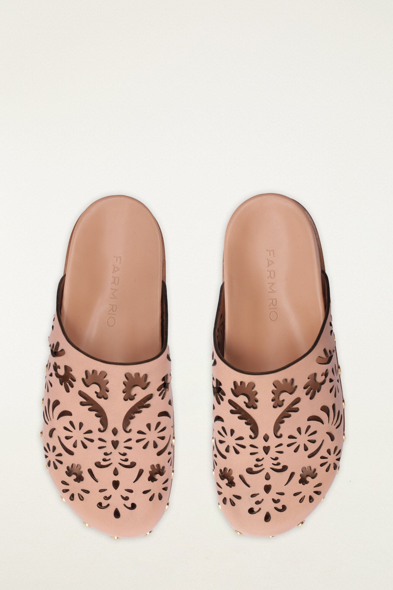 FARM Rio model wearing the Light Pink Lace Leather Anatomic Slide Mule
