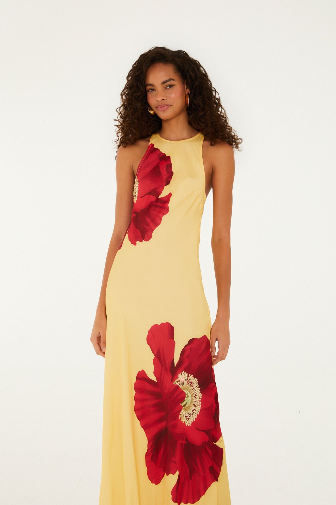 FARM Rio model wearing the Light Yellow Poppy Flowers Sleeveless Lenzing Ecovero Viscose Maxi Dress